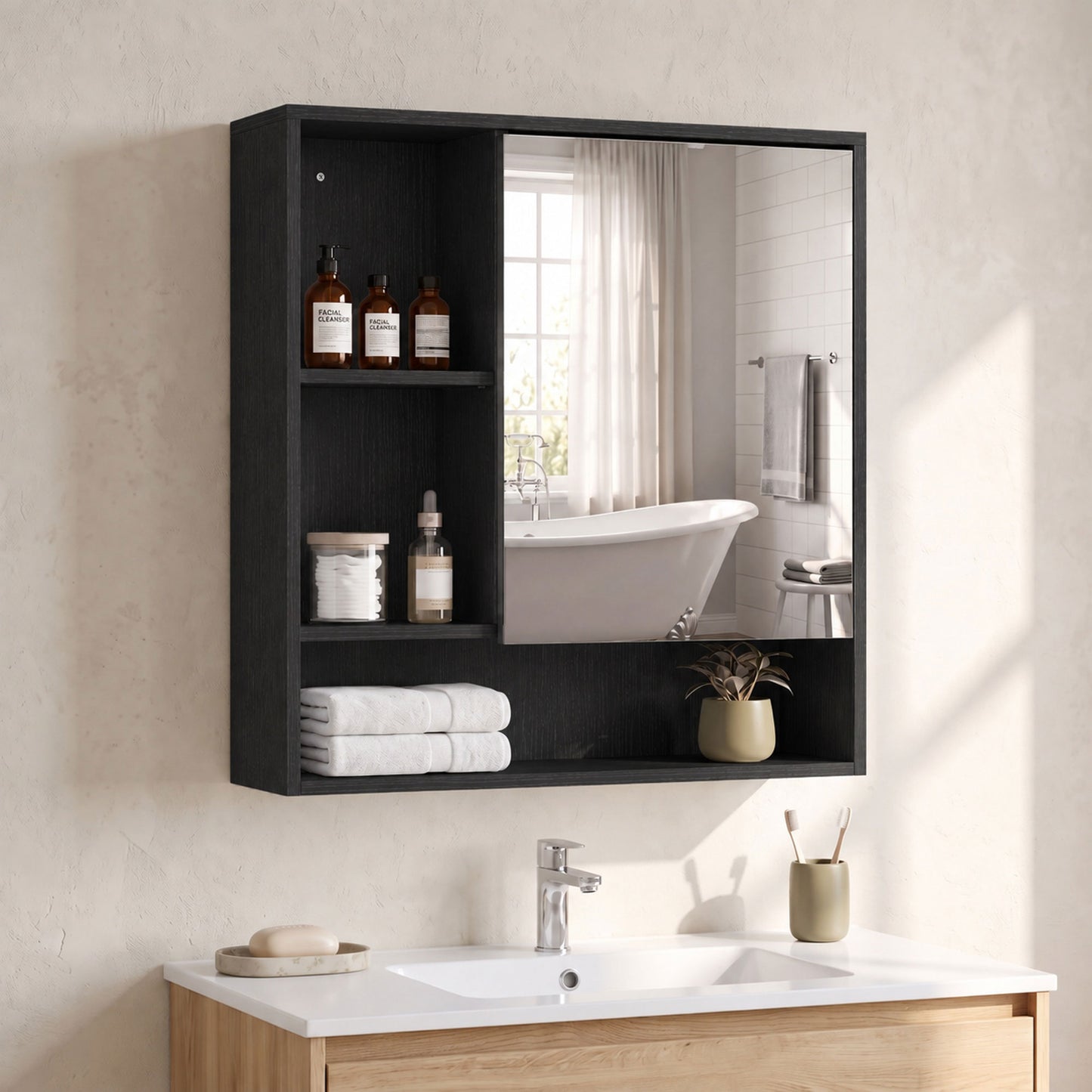 HOMCOM Bathroom Mirror Cabinet, Wall-Mounted Bathroom Cabinet with Mirror Door, Adjustable Shelves, Black