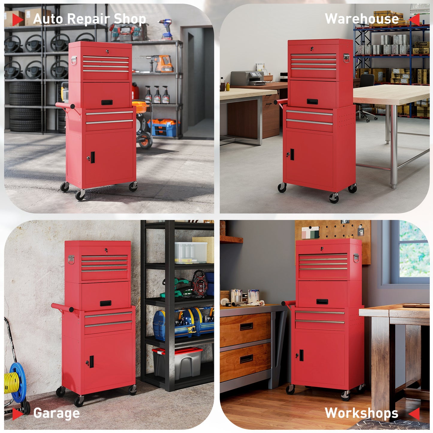 HOMCOM Three-Part Steel Locking Tool Chest - Red