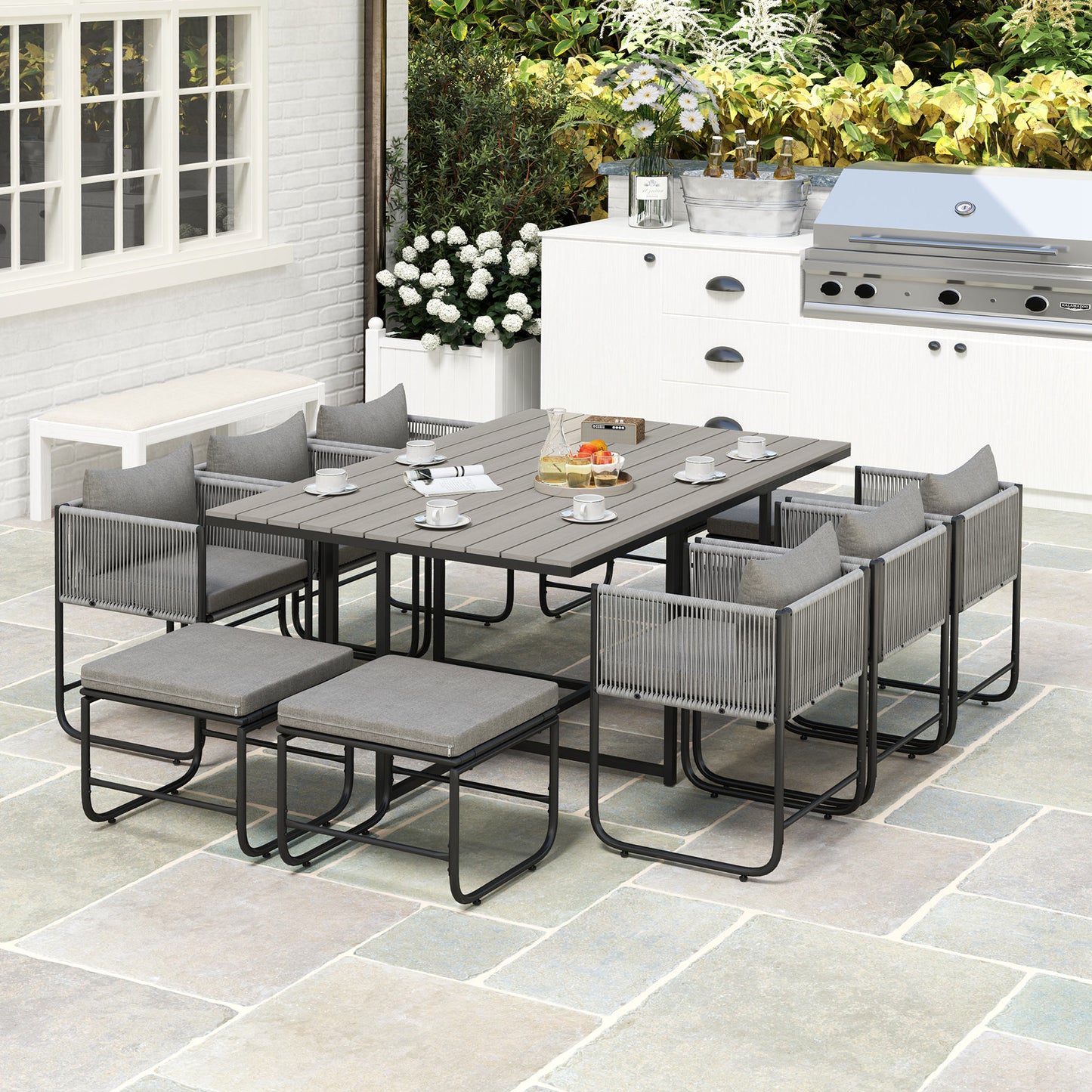 Outsunny Rattan Cube Garden Dining Set, 10 Seater with Cushions, 6 Armchairs, 4 Stools, Rectangular Table, Wood Grain Top, Grey