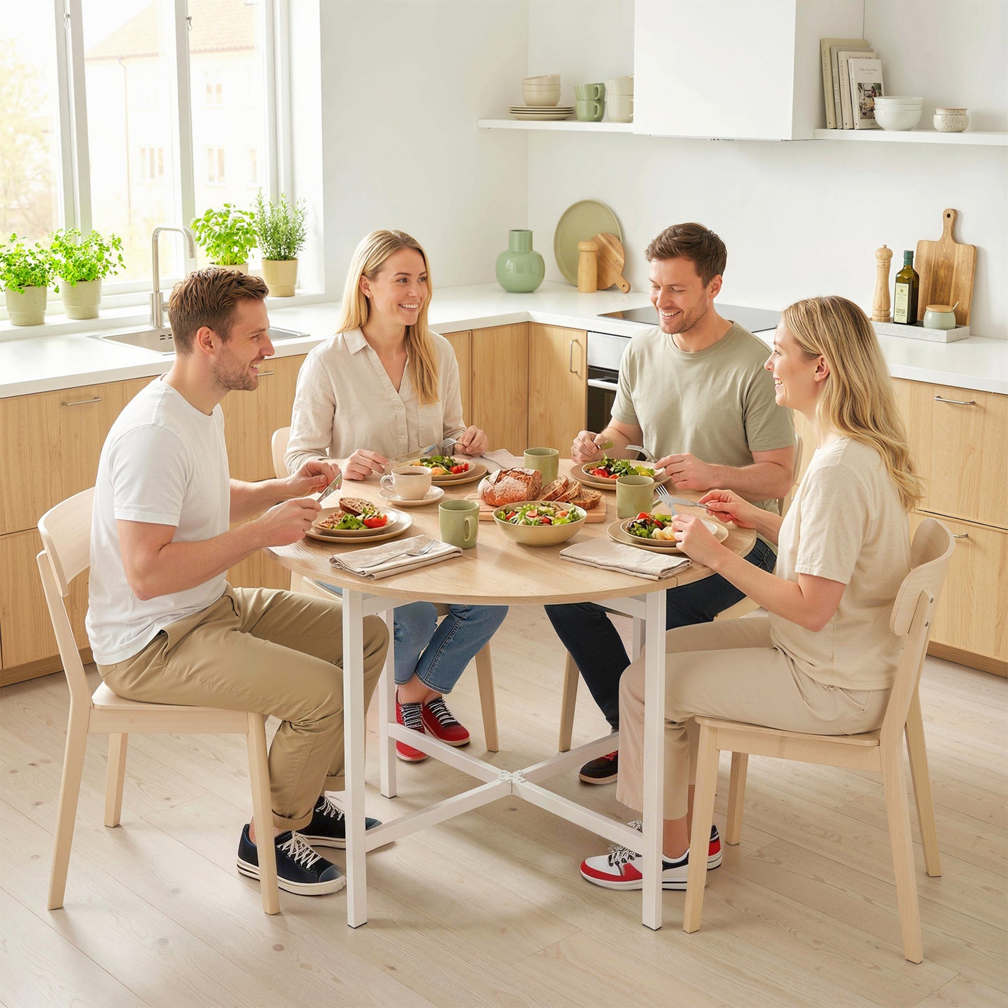HOMCOM Folding Dining Table, Drop Leaf Extendable Kitchen Table for Small Spaces, Steel Frame, Natural Wood Finish