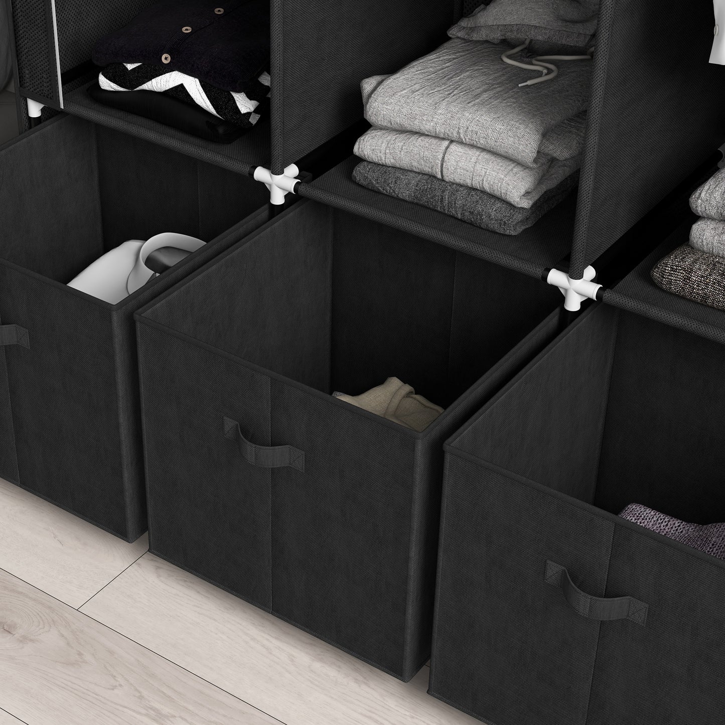 HOMCOM Foldable Fabric Wardrobe for Bedroom, Portable Wardrobe with 5 Shelves, 2 Hanging Rails and 3 Fabric Drawers, Black