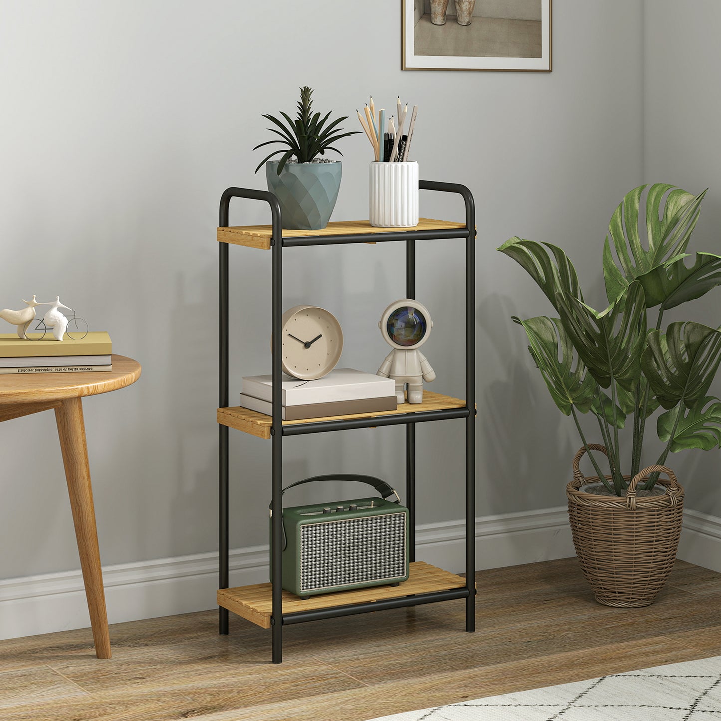 HOMCOM 3-Tier Bamboo Storage Shelf, Freestanding Narrow Unit with Slatted Shelves, 41.5x21.5x77.5 cm, Natural and Black