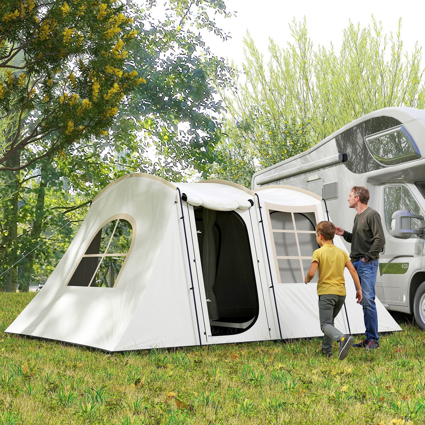 Outsunny 3-4 Man Tunnel Tent, Family Camping Tent with Porch, Bedroom, Living Area, 3000mm Waterproof, Portable Bag for Hiking, Festival, Khaki