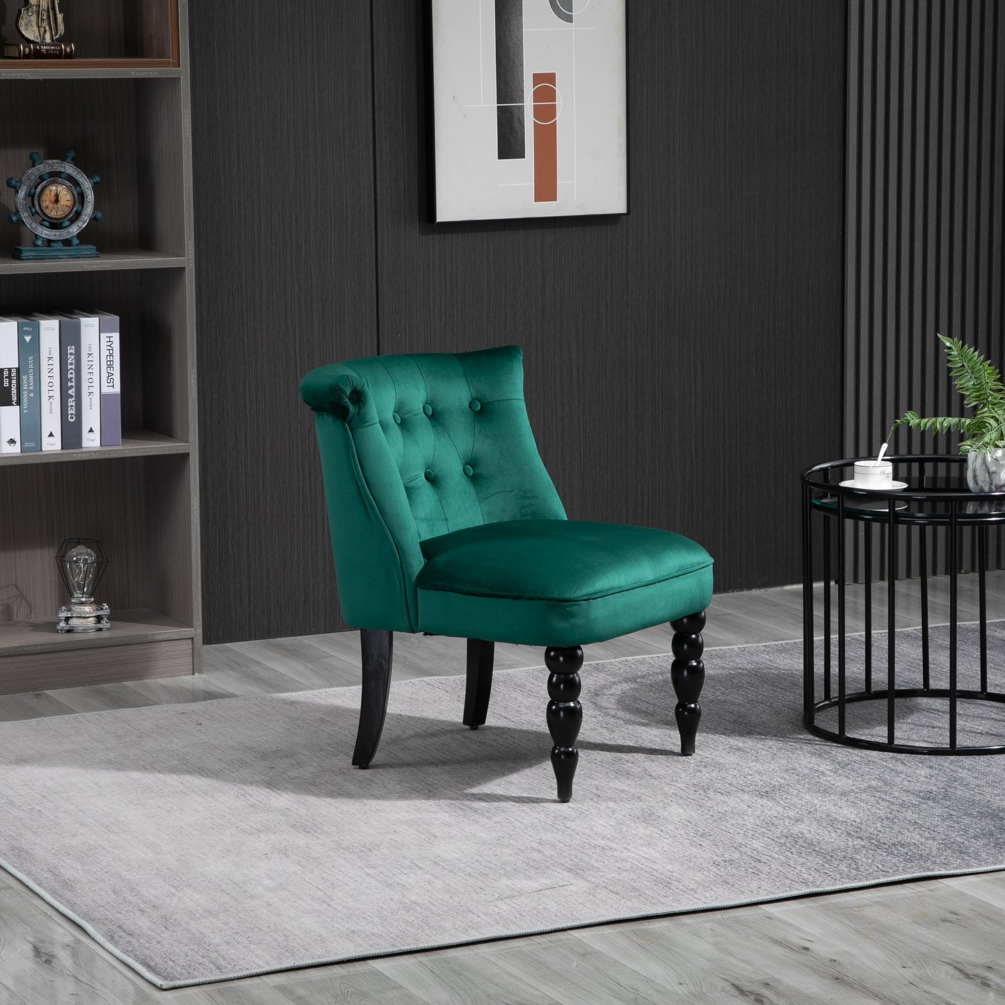 HOMCOM Velvet Accent Chair Button Tufted Wingback Chair with Rubber Wood Legs for Living Room Bedroom Dark Green