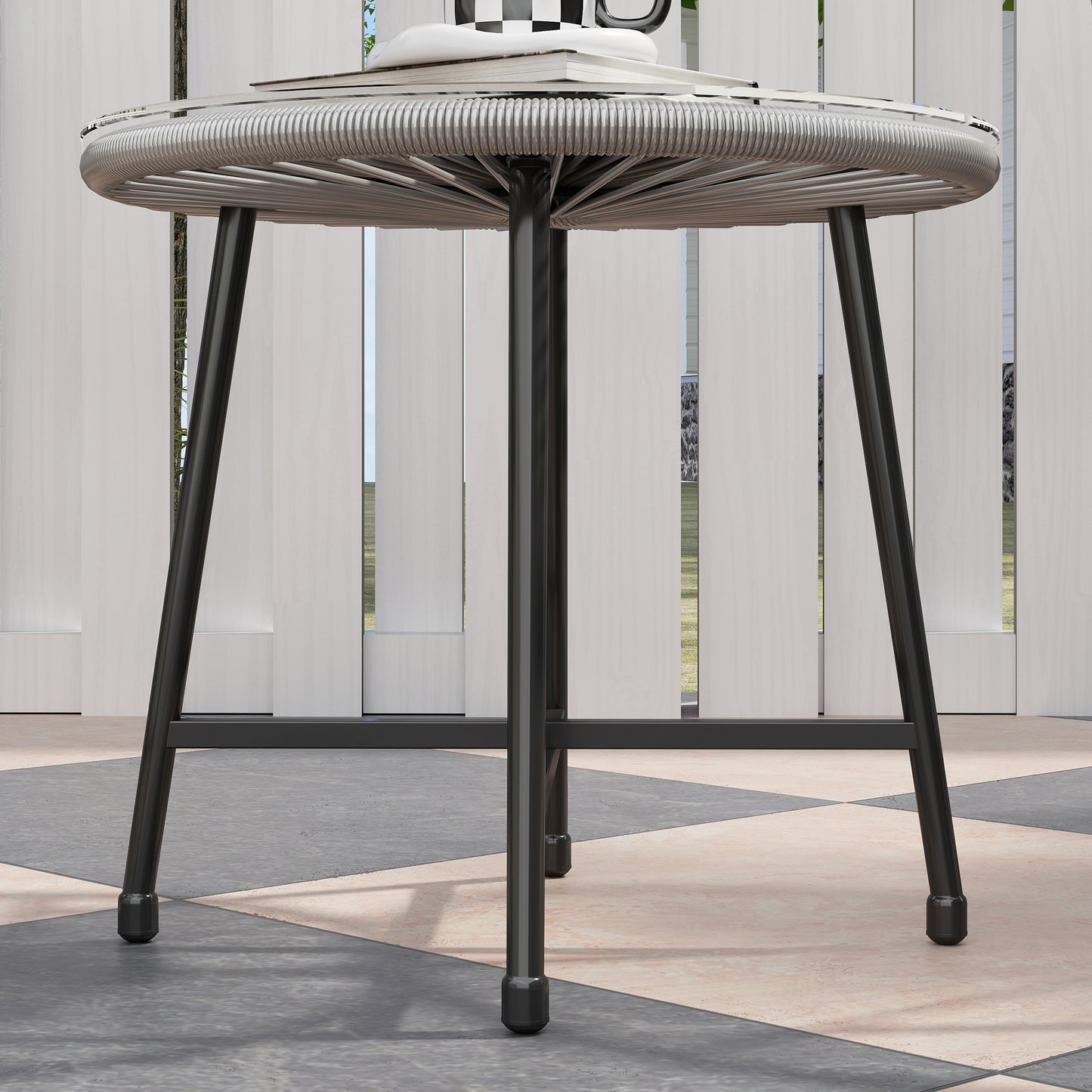 Outsunny 3 Piece Rattan Bistro Set, Garden Furniture with Acapulco Chairs & Glass Table, Reinforced Metal Frame, Outdoor/Patio/Balcony, Grey