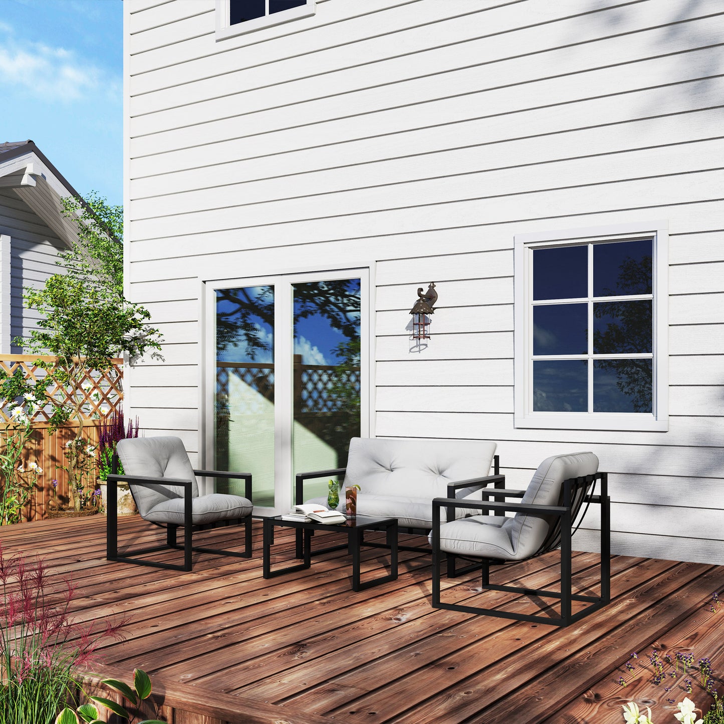 Outsunny 4-Piece Garden Furniture Set: Loveseat Sofa, Armchairs, Glass Coffee Table, Cushions for Indoor/Outdoor Use, Dark Grey