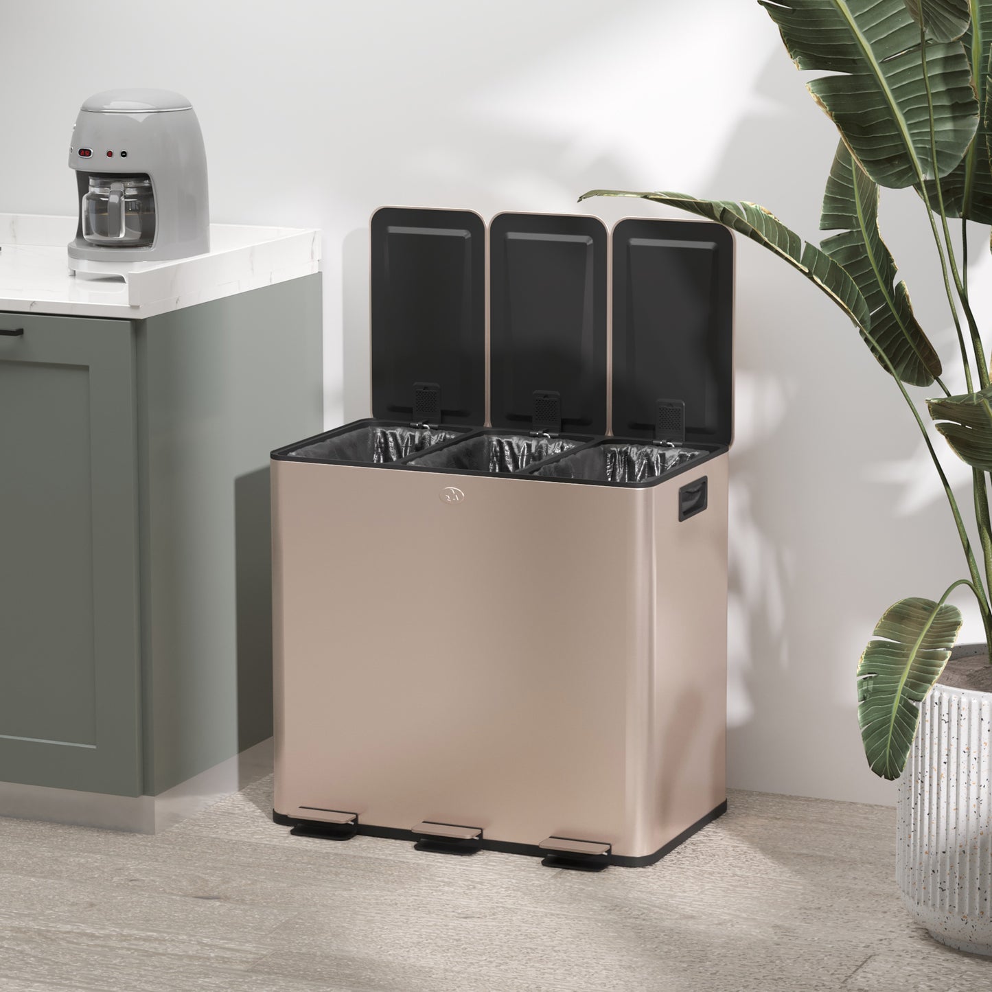 HOMCOM 3 x 15L Pedal Bin, Steel Triple Kitchen Bin with Soft Close Lid, Removable Inner Buckets, Fingerprint-Proof, Gold Tone