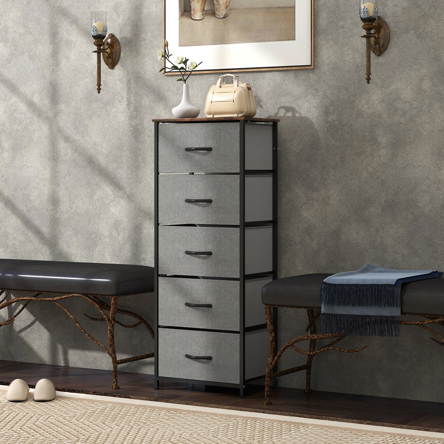 HOMCOM Industrial Fabric Chest of Drawers with 5 Fabric Drawers, Steel Frame, Wooden Top for Bedroom, Nursery, Hallway - Rustic Brown and Grey