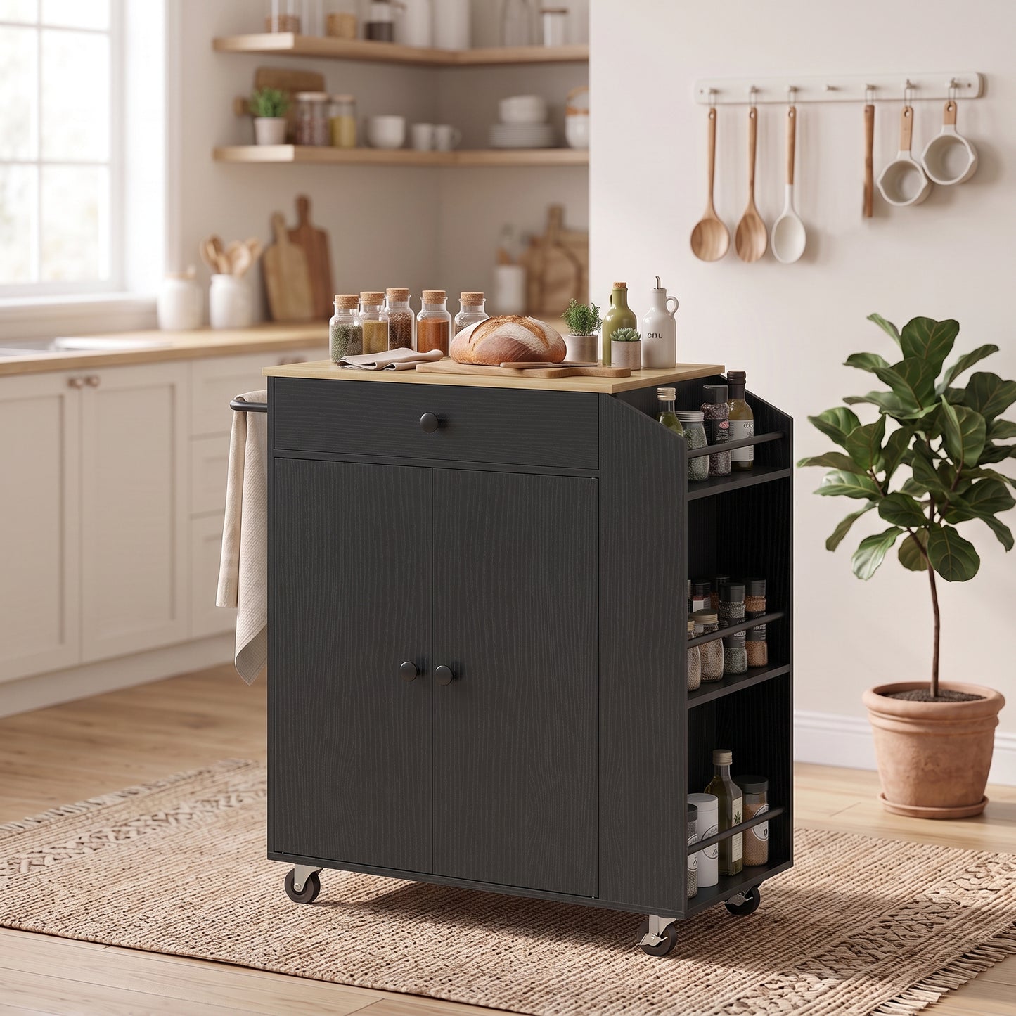 HOMCOM Rolling Kitchen Island with 3-Tier Spice Rack, Kitchen Storage Cart with Drawer and Towel Rack, Black