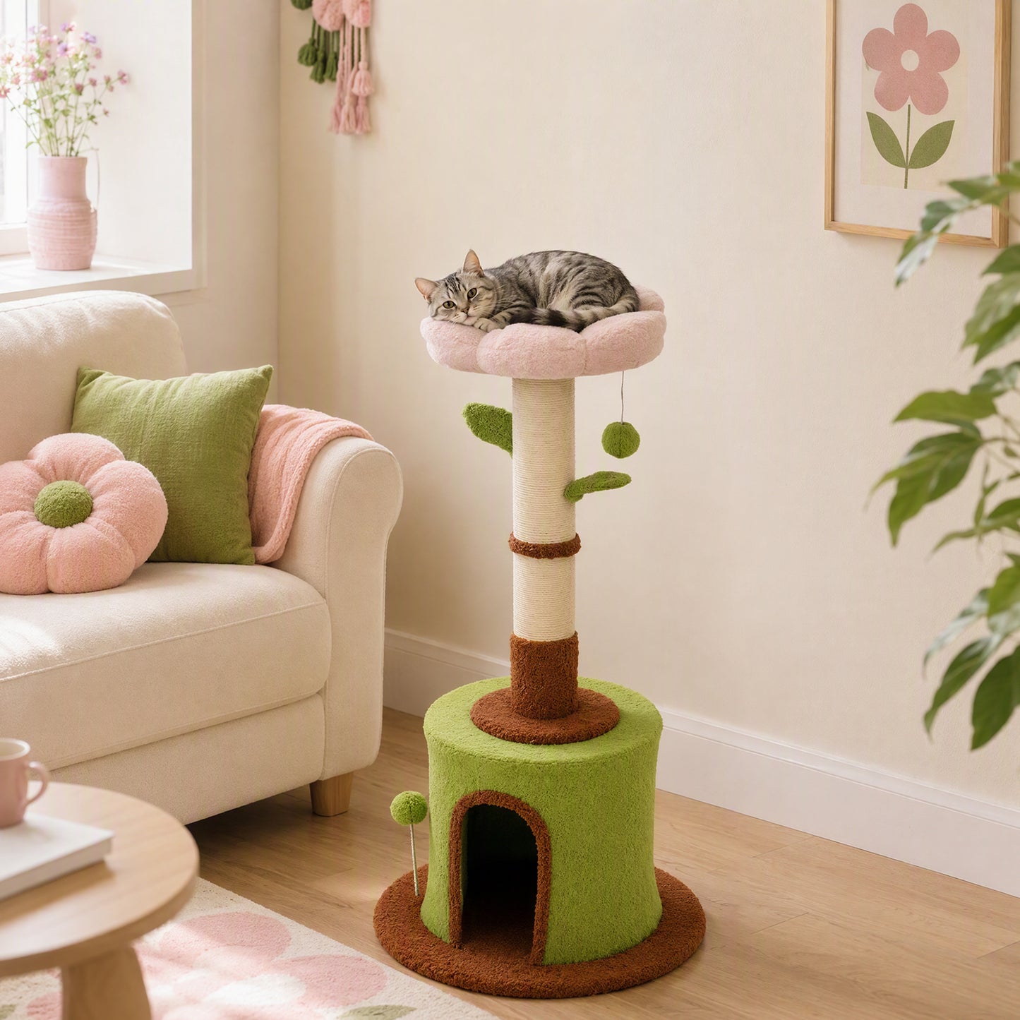 PawHut Cat Tree for Indoor Kittens, 88cm Flower Cat Tower with Condo & Bed, Scratching Post, 2 Toy Balls and 2 Crinkle Leaves
