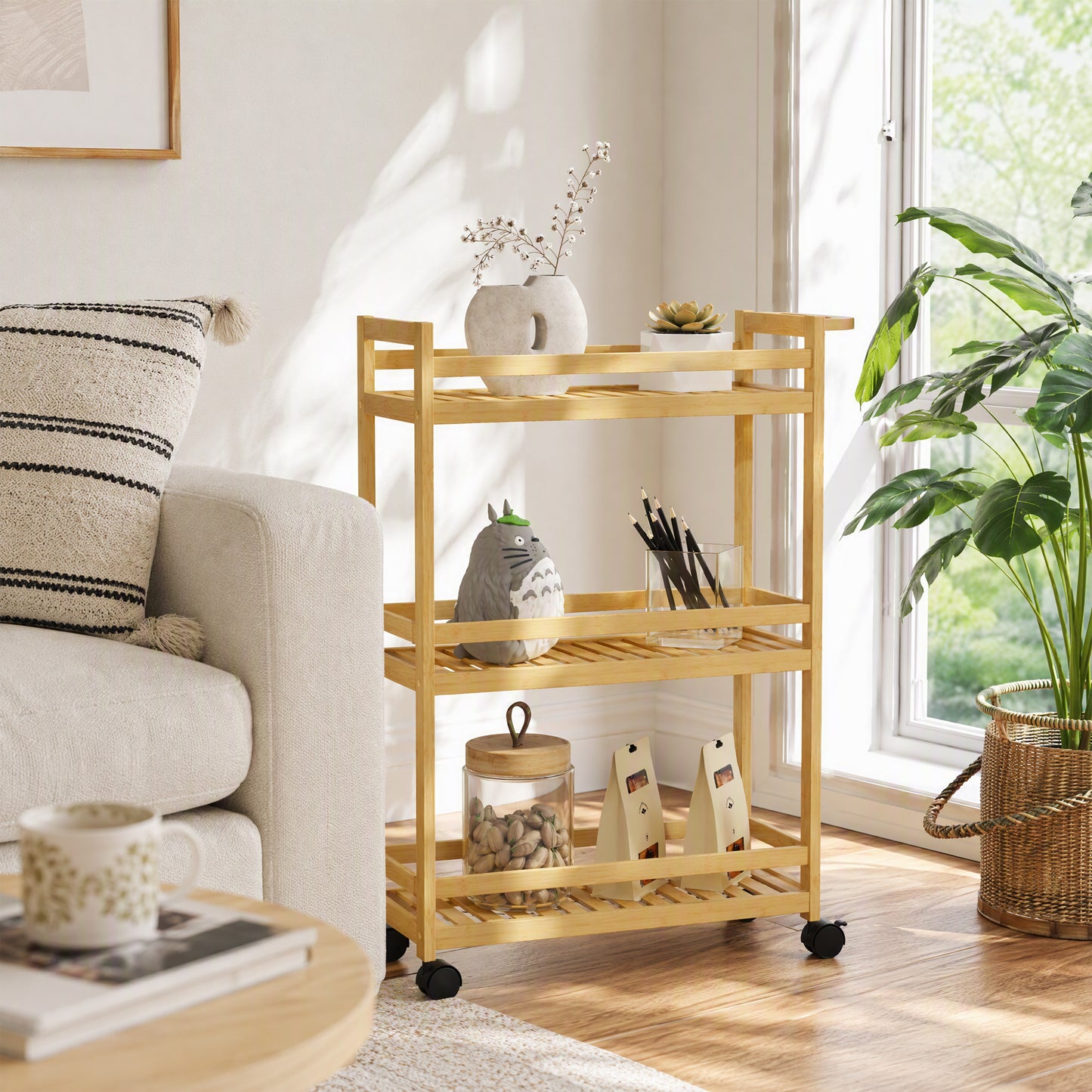HOMCOM 3-Tier Bamboo Storage Trolley on Wheels with Handle for Kitchen, Office, Bathroom