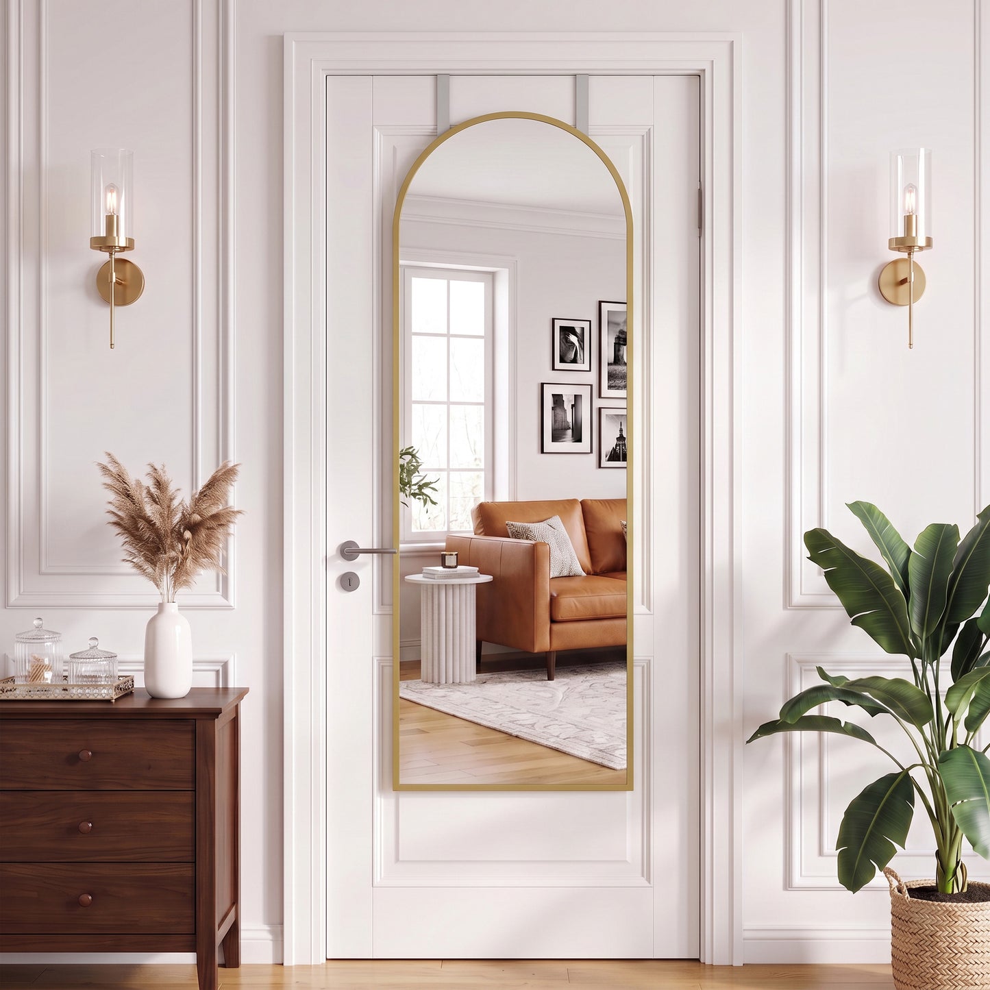 HOMCOM 40 x 110 cm Full Length Hanging Mirror, Arched Mirror with Adjustable Hooks, Over-the-Door or Wall-Mounted, Gold Tone