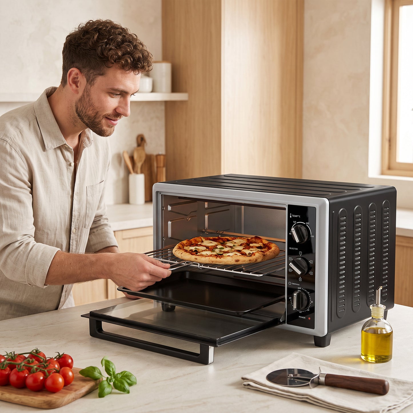HOMCOM 36L Mini Oven with Convection, Electric Countertop Cooker with Rotisserie, 90–230°C Adjustable Temperature, 1500 W