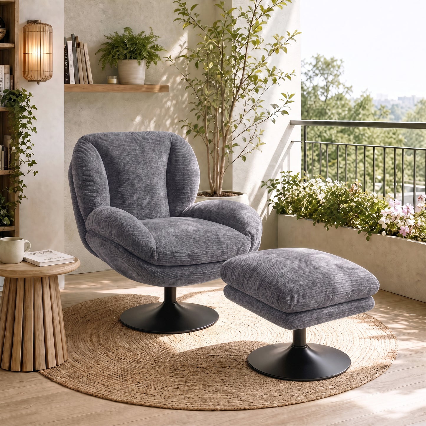 HOMCOM Modern Chenille Lazy Chair with Ottoman, 360° Swivel, Upholstered Reading Seat Set for Living Room, Dark Grey