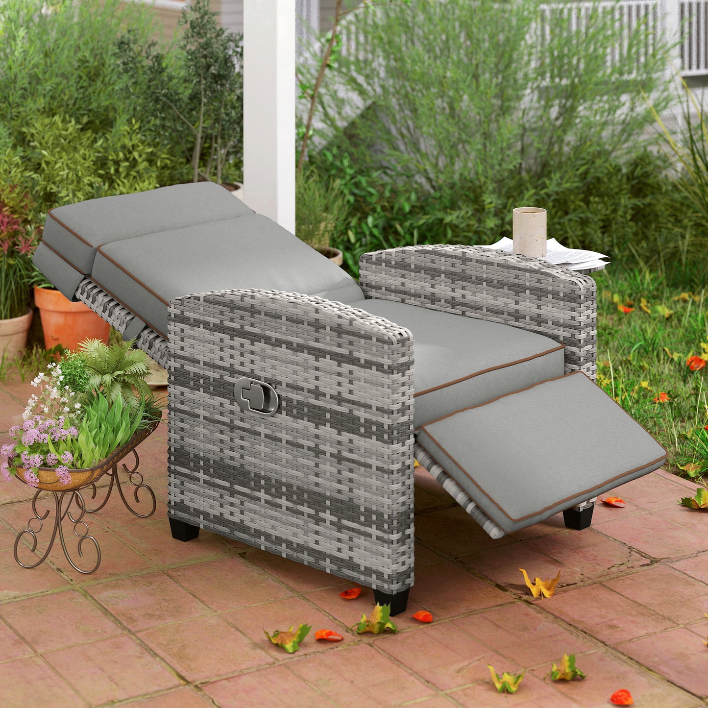 Outsunny 145° Reclining Rattan Armchair, with Footrest - Mixed Grey/Grey