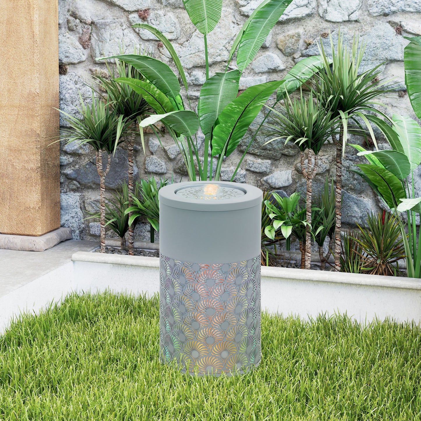 Outsunny Garden Waterfall Fountain with LED Lights and Pump, Adjustable Flow, Cut-out Design for Indoor/Outdoor Decor, Light Grey, 30 cm Tall