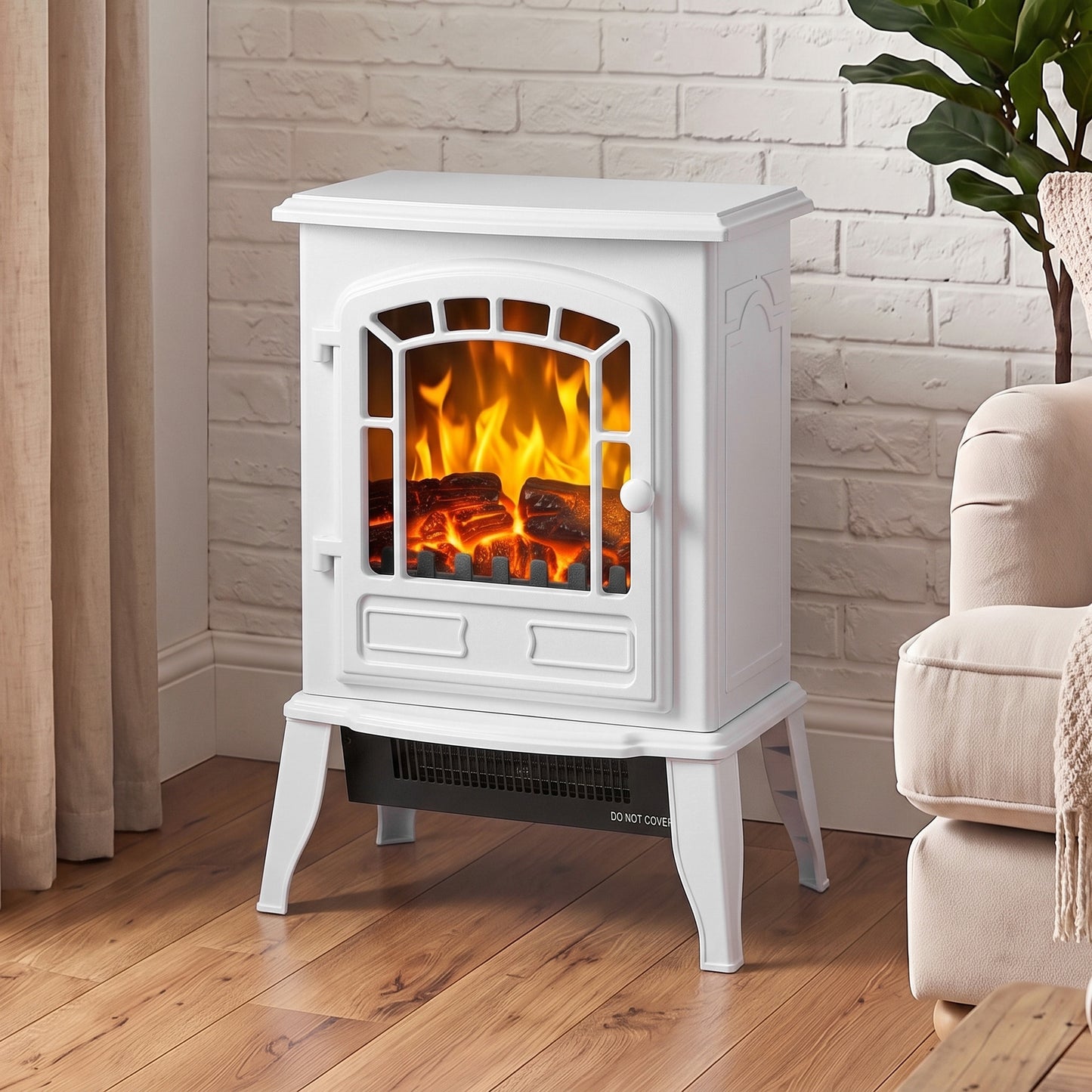 HOMCOM Electric Fireplace Stove, 1000W/2000W, Freestanding Electric Fire with LED Flame Effect, Adjustable Thermostat, White