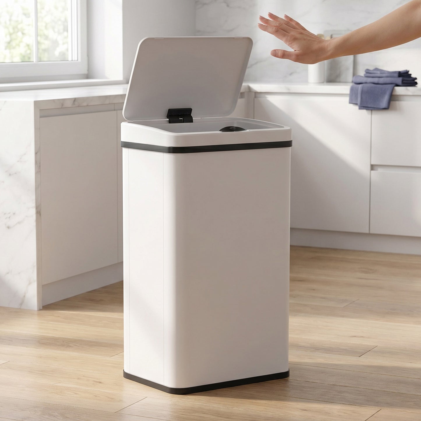 HOMCOM 50L Sensor Bin with Soft-Close Lid, Stainless Steel Automatic Touchless Motion Sensor Kitchen Bin, White