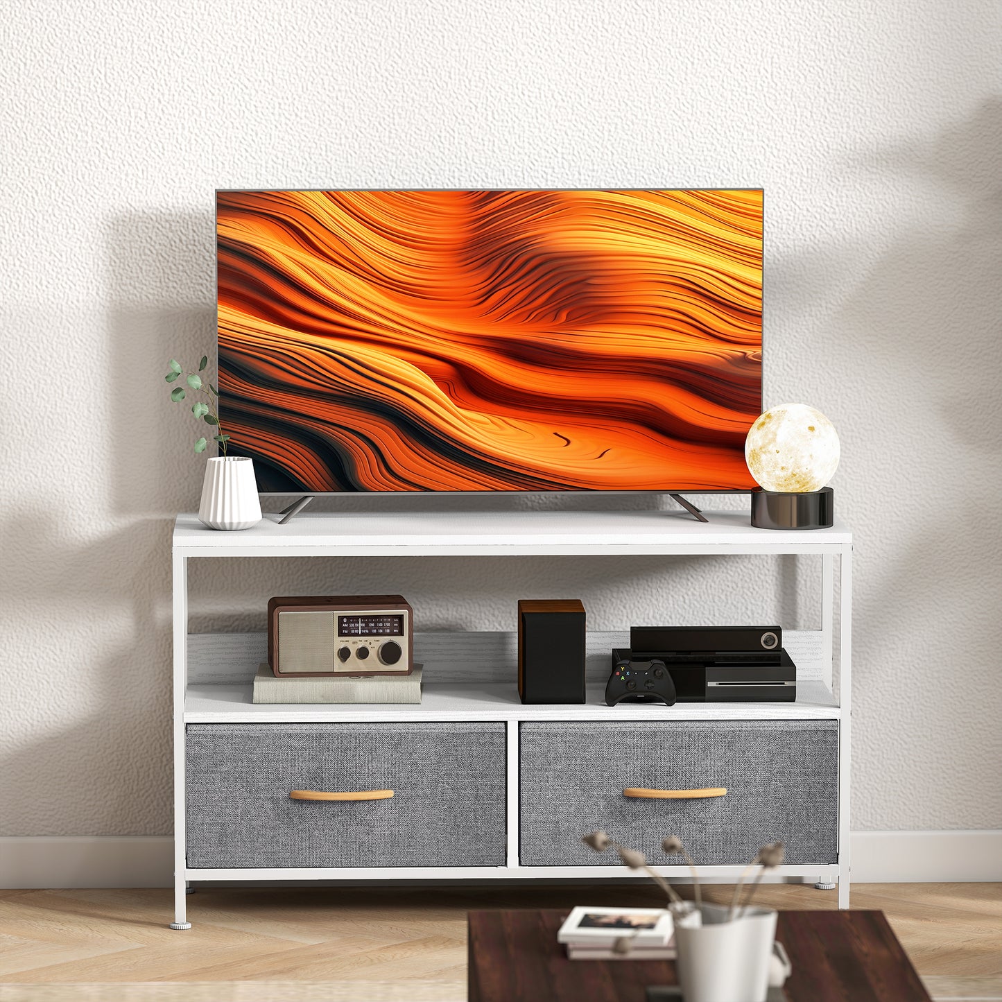 HOMCOM TV Stand Cabinet with 2 Foldable Drawers - White