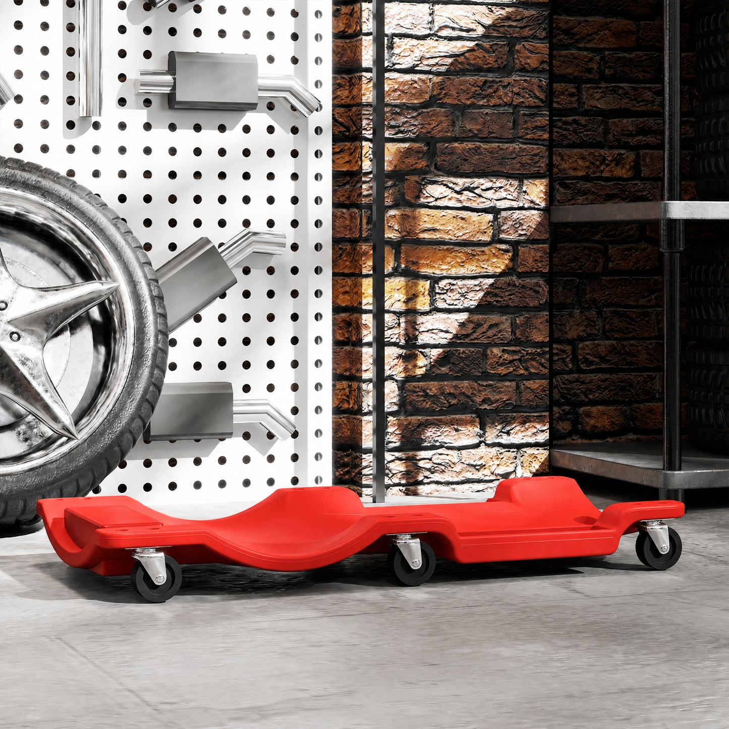 HOMCOM Low Profile Rolling Shop Creeper, Padded Headrest, Dual Tool Trays, 6 Swivel Casters, 150 kg, Red