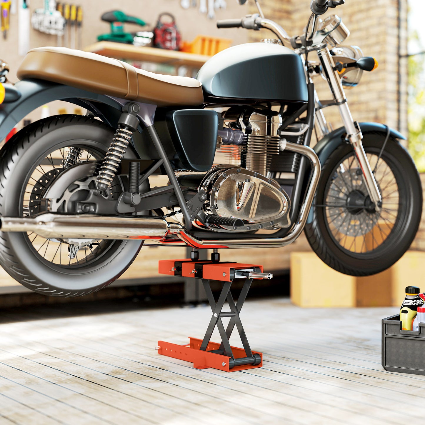 HOMCOM Motorcycle Scissor Lift Jack, Heavy Duty Adjustable Steel Lifter with Safety Pin, Foldable Design, 45x15 cm Platform, 500 kg Capacity, Orange
