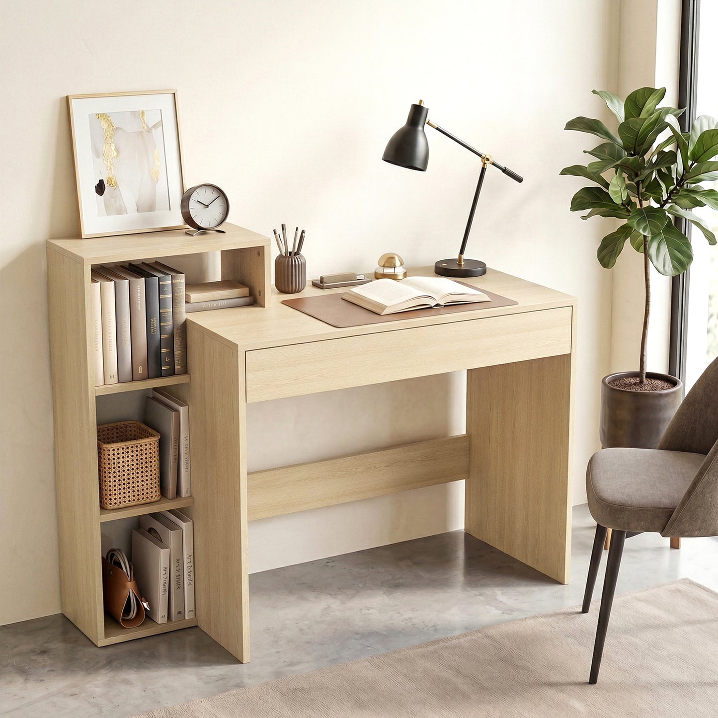 HOMCOM Desk with Storage, Computer Desk with 3 Open Shelves and Drawer, Workstation, Computer Table, Natural