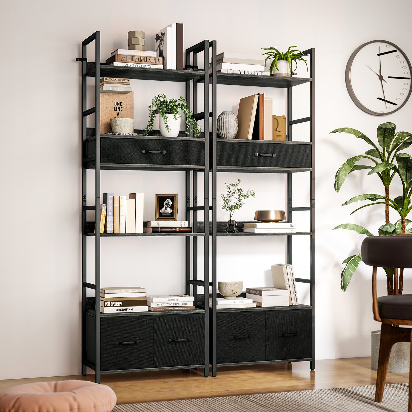 HOMCOM Industrial Bookcase, 6-Tier Tall Bookshelf with 3 Fabric Drawers - Grey