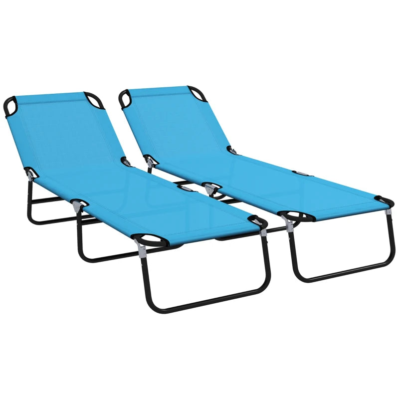 Outsunny Foldable Sun Lounger Set of 2 with 5-Position Adjustable Backrest, Outdoor Portable Recliner Chaise Lounge Chair with Breathable Mesh Fabric, Sky Blue