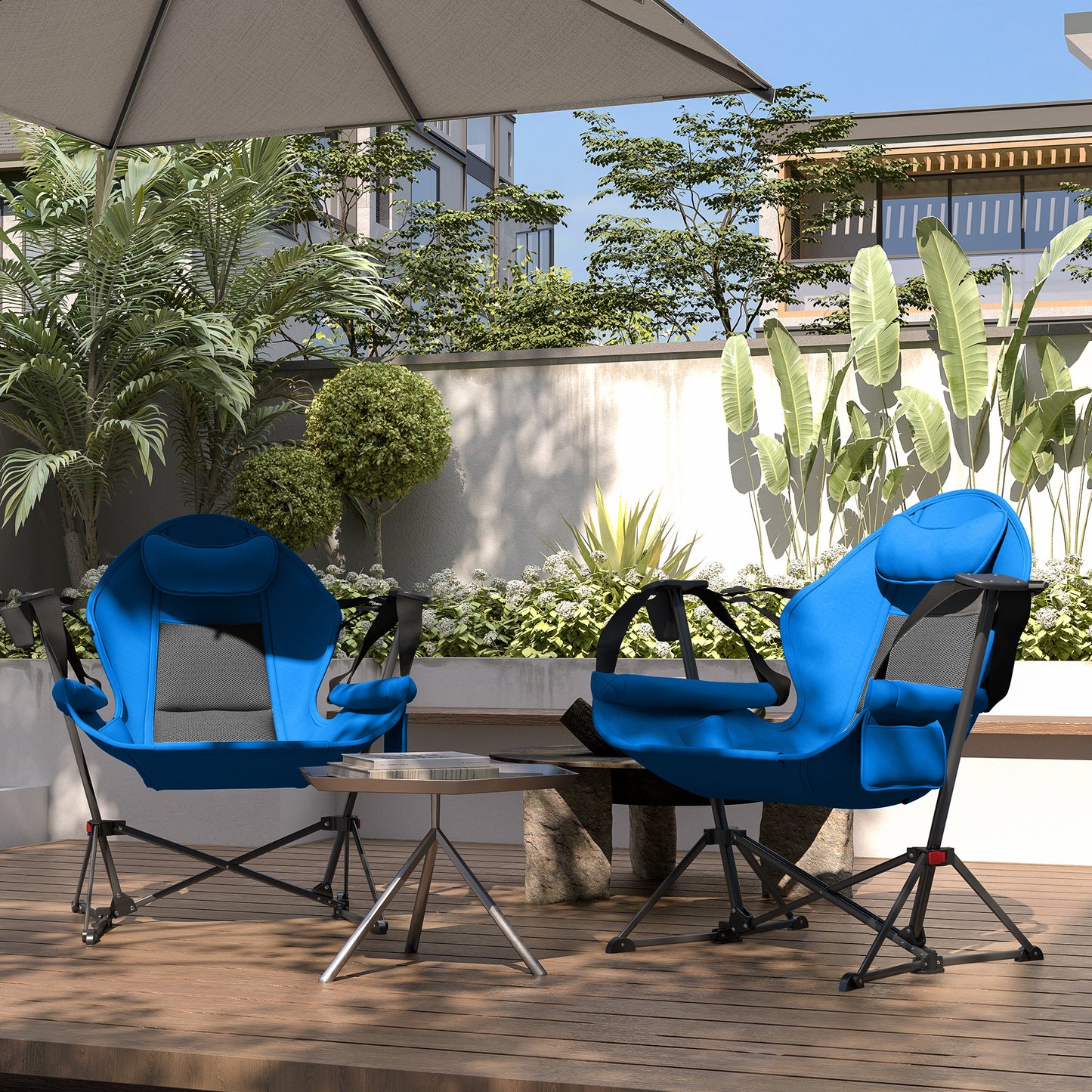 Outsunny Hammock Camping Chair Set of 2, Adjustable Swing Chair with Cup Holder, Headrest & Carry Bag, Blue