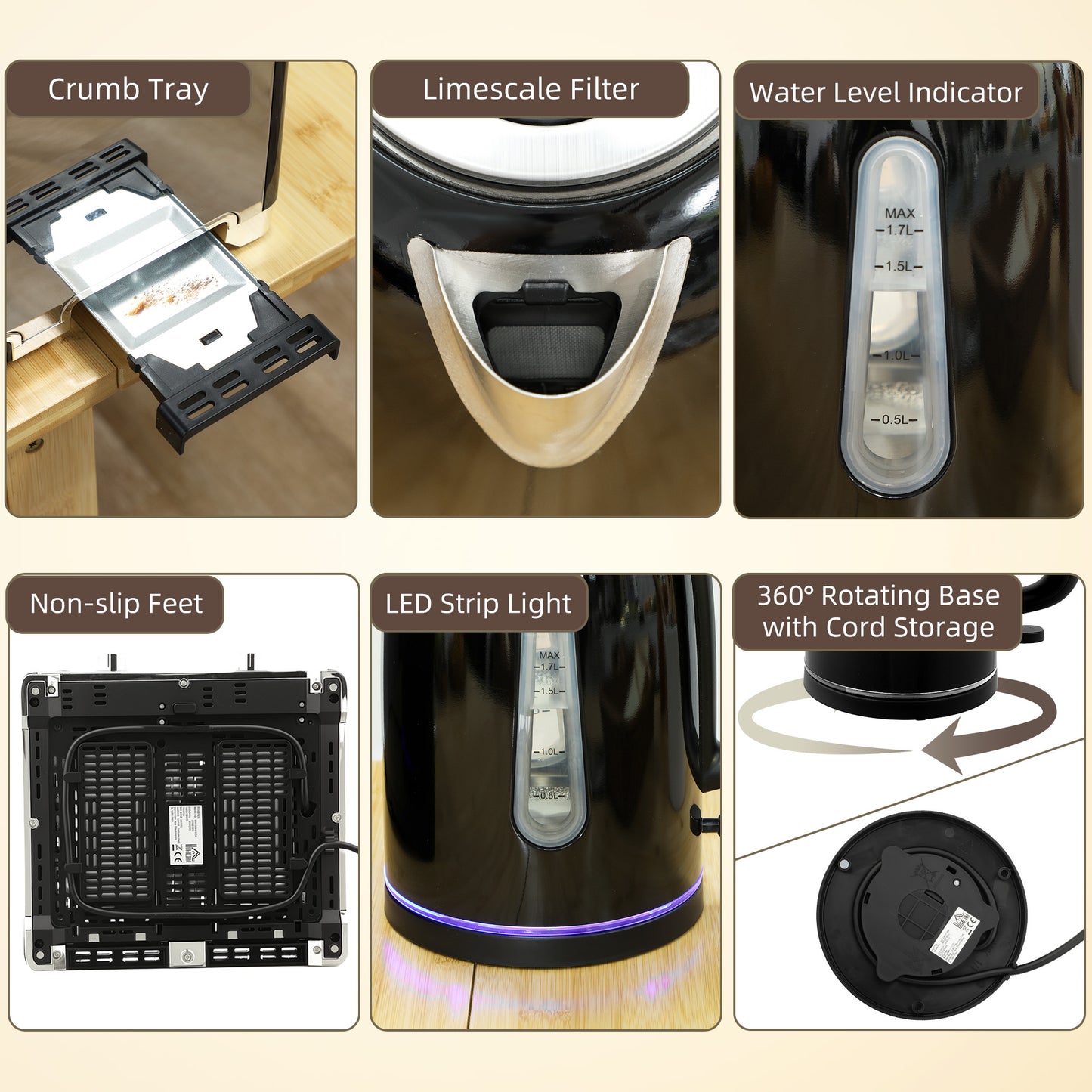 HOMCOM Kettle & Toaster Set: 1.7L 3000W Rapid Boil Jug with Strix Thermostat, Limescale Filter; 4 Slice Toaster, 7 Browning Controls, Crumb Tray, Black