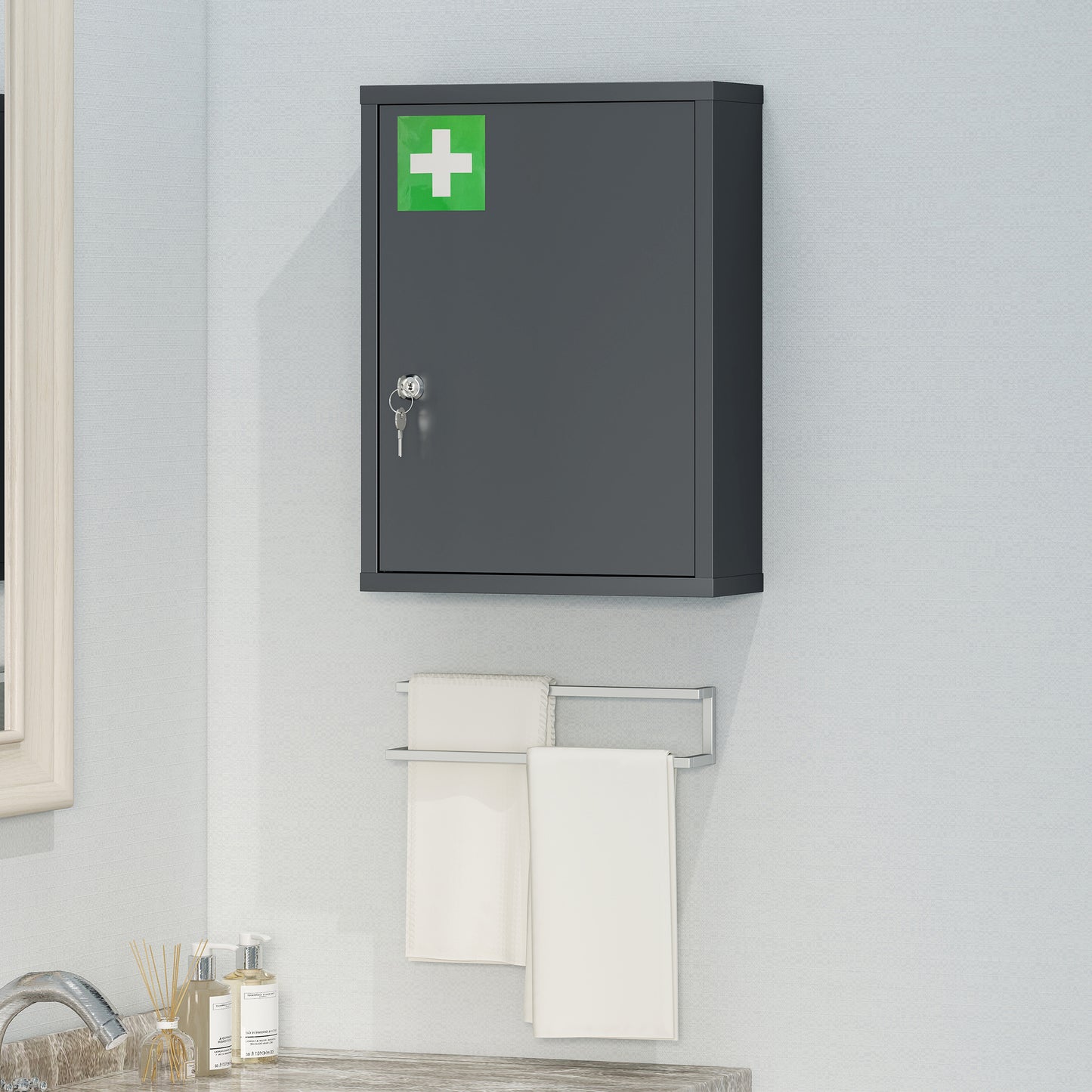 kleankin Locking Medicine Cabinet, First Aid Cabinet with Storage Shelves, with Lock and 2 Keys 53.5 x 40 x 15 cm, Smoke Grey