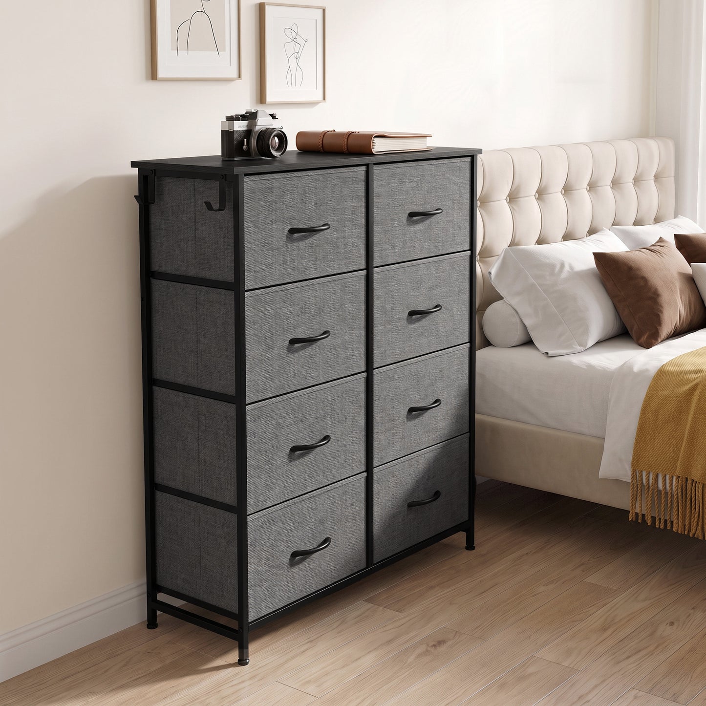 HOMCOM Chest of Drawers, Dresser for Bedroom with 8 Fabric Drawers, Tall Storage Unit w/ Side Storage Bag, Grey