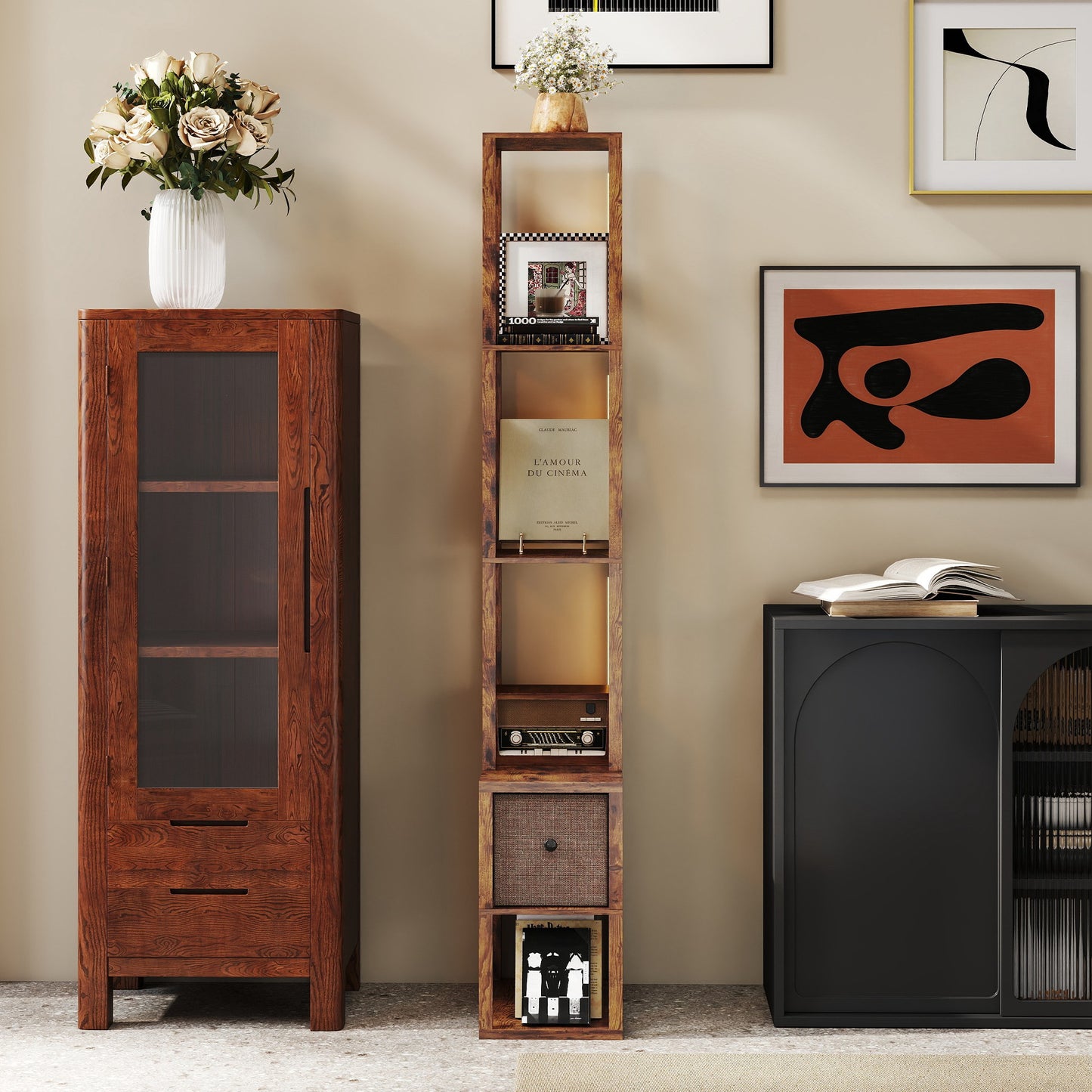 HOMCOM Floor Lamp with Shelves, LED Column Modern Standing Lamp, Adjustable Brightness, Foot Switch, Fabric Drawer, Rustic Brown