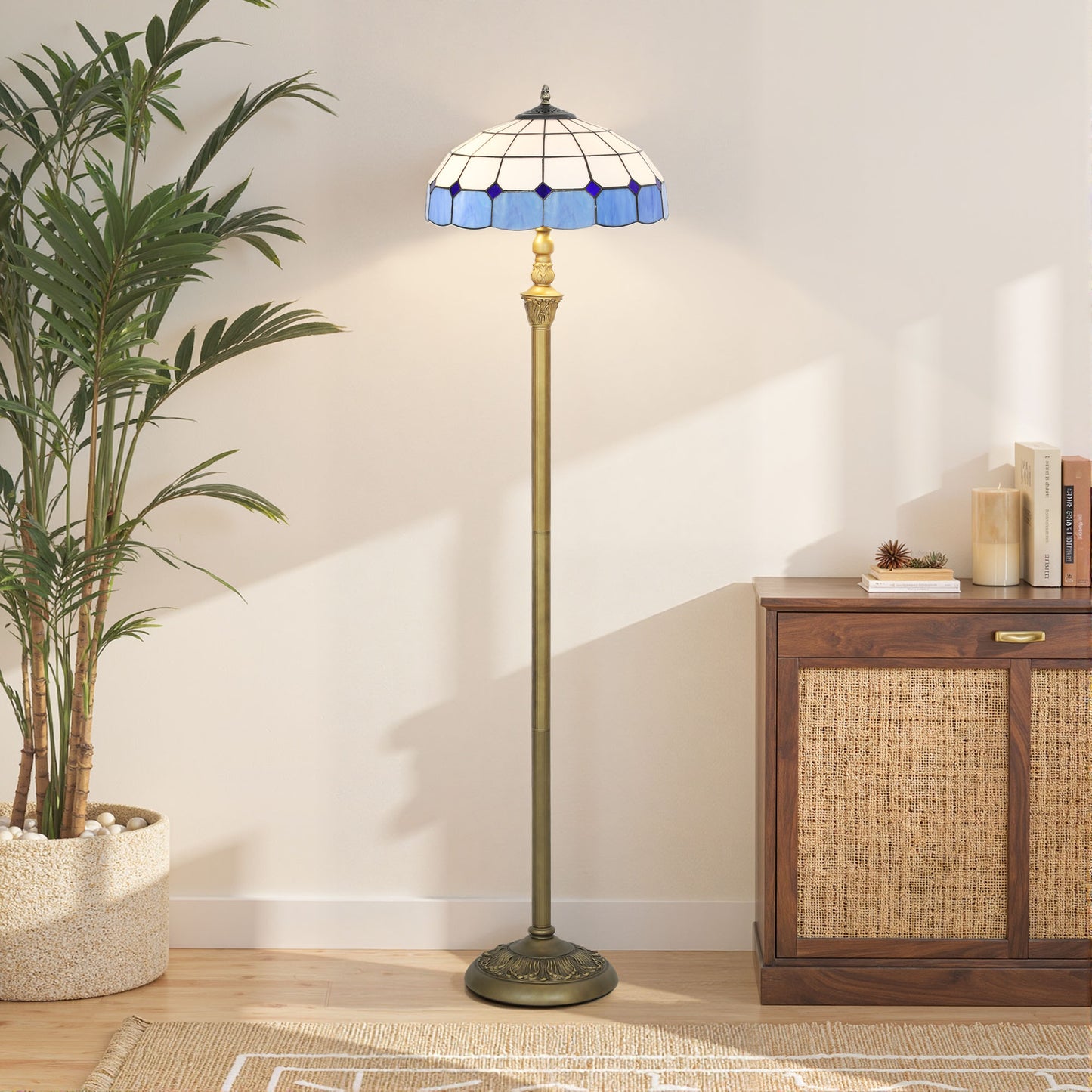 HOMCOM Tiffany-Style Floor Lamp, 152cm Vintage Standing Lamp with Stained Glass Shade & Foot Switch, Dual Sockets, Bronze Tone and Blue