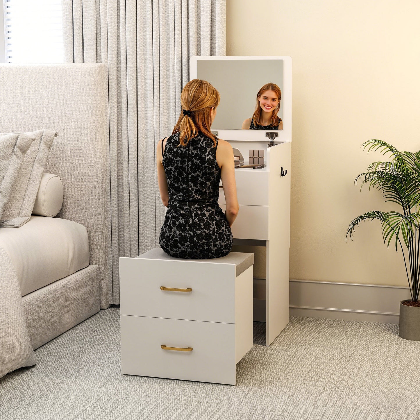 HOMCOM 3-in-1 Dressing Table with Flip-top Mirror, Glass Top, Drawers, Side Hook, Rolling Cushioned Storage Stool, White.