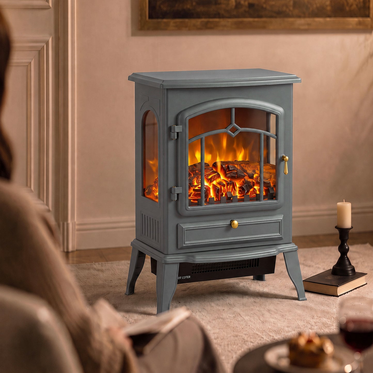HOMCOM Electric Fireplace Stove, 1000/2000W 3-Sided Freestanding Fireplace Heater with 3D Flame Log, Thermostat, Grey
