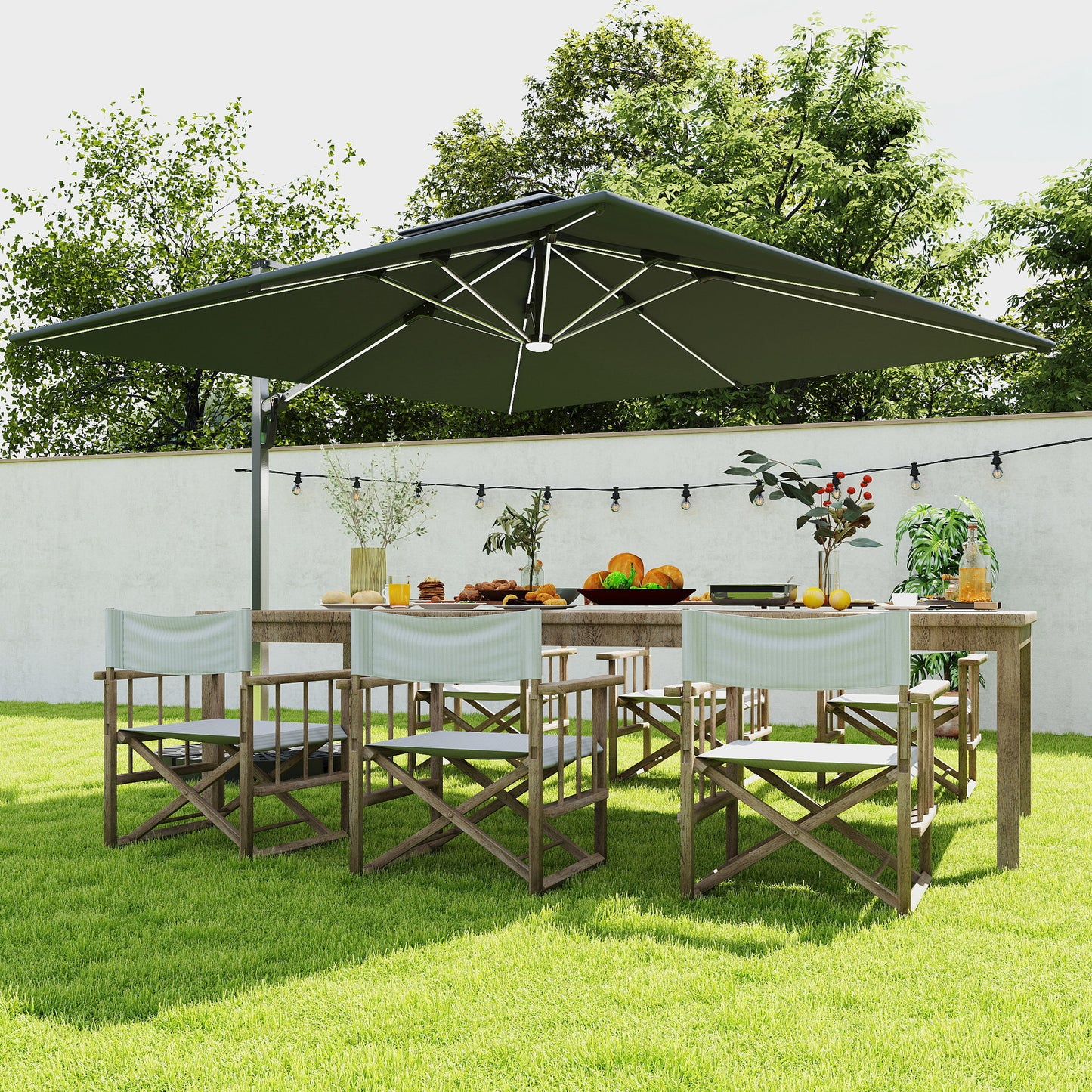 Outsunny 3(m) Garden Cantilever Parasol with Solar LED Lights, Cross Base, 360° Rotation, Crank Handle and Tilt, Grey