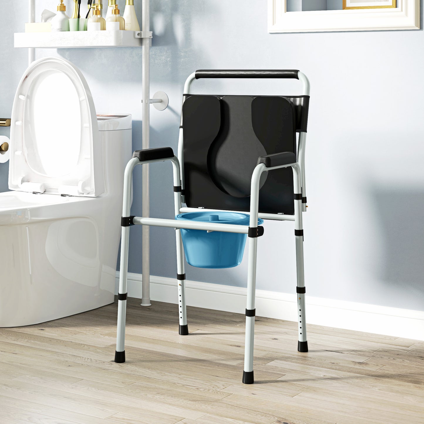 HOMCOM Commode Chair for Elderly with Arms and Back, Lightweight Non-Slip Commode w/ Removable Bucket, Height Adjustable, Black
