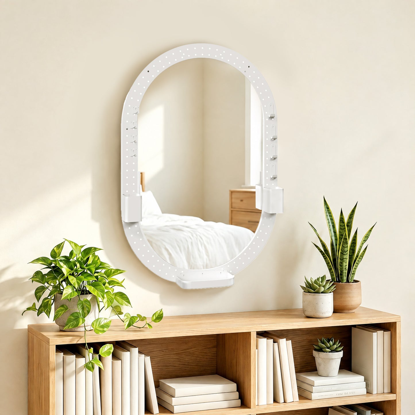 HOMCOM Oval Wall Mirror, 60 x 90 cm Decorative Hanging Mirror with Pegboard Frame, Wall-Mounted, White