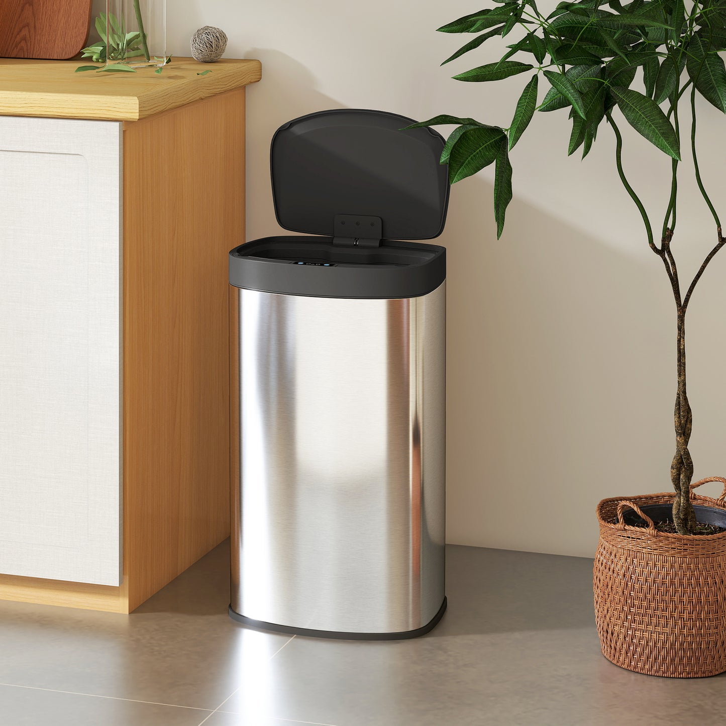 HOMCOM Sensor Bin, 55L Soft-Close Lid, Automatic Touchless Motion, Fingerprint Resistant, Kitchen/Gym/Office Use, Silver Tone