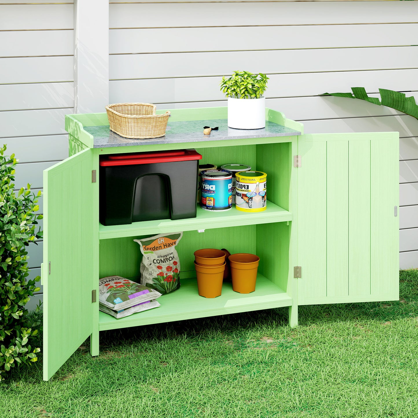 Outsunny Wood Storage Cabinet with Shelves Green
