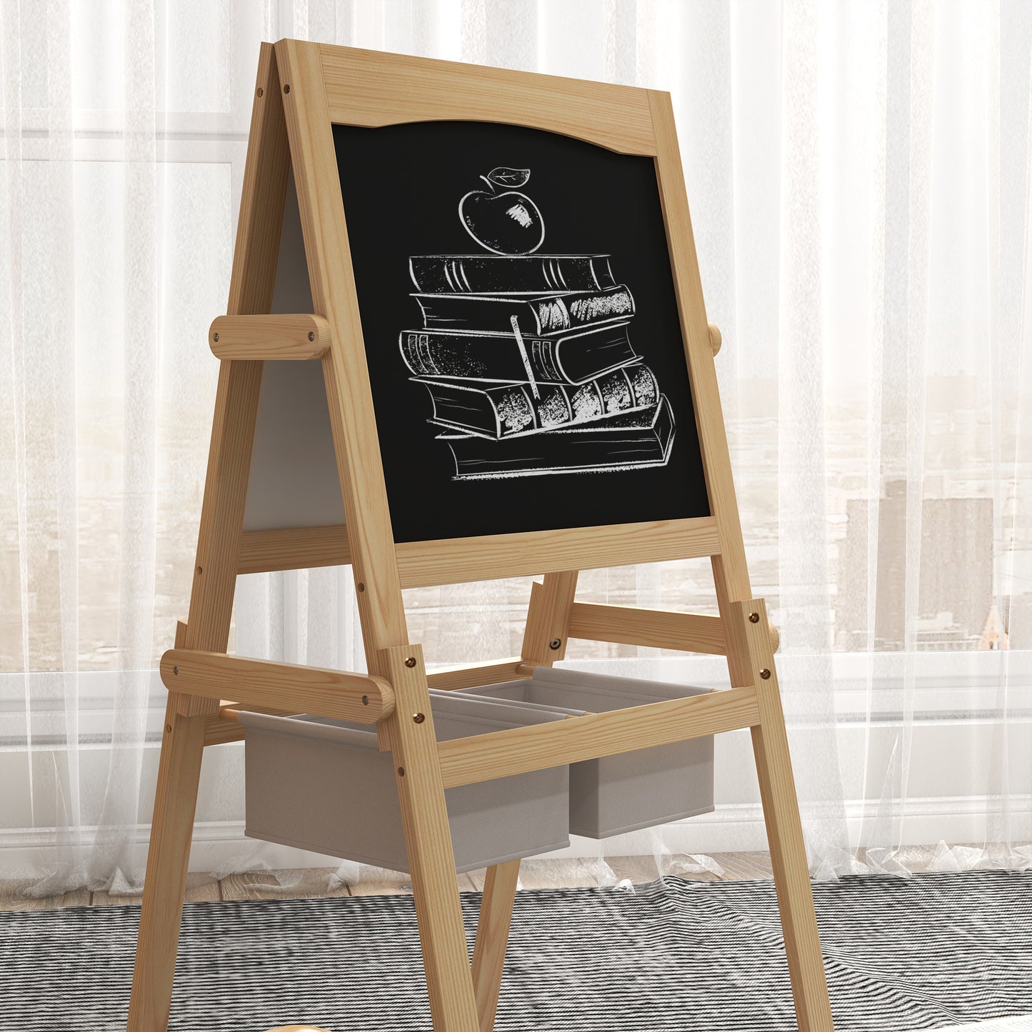 AIYAPLAY Kids Easel with Paper Roll, 3 in 1 Art Easel for Toddlers, Double-Sided Kids Whiteboard Blackboard with Storage Baskets for Ages 3-6 Years - Natural Wood Finish