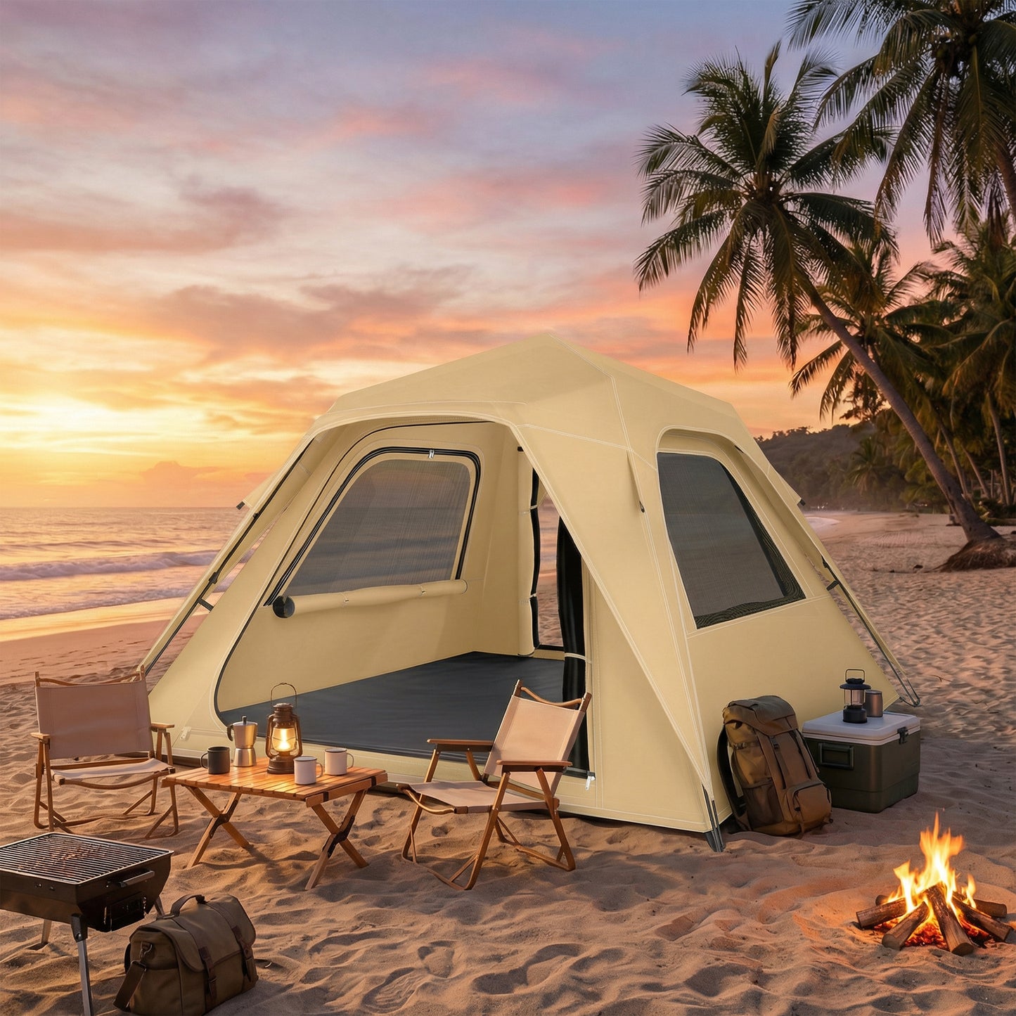 Outsunny Pop Up Tent 3000mm Waterproof Camping Tents with Mesh Windows 3-4 People Khaki