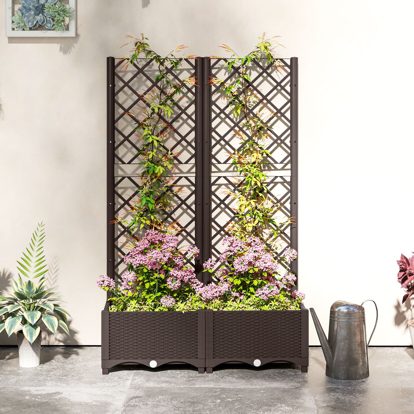 Outsunny Raised Garden Bed with Trellis, Plastic Planter Box with Drainage Holes 2 wide Brown