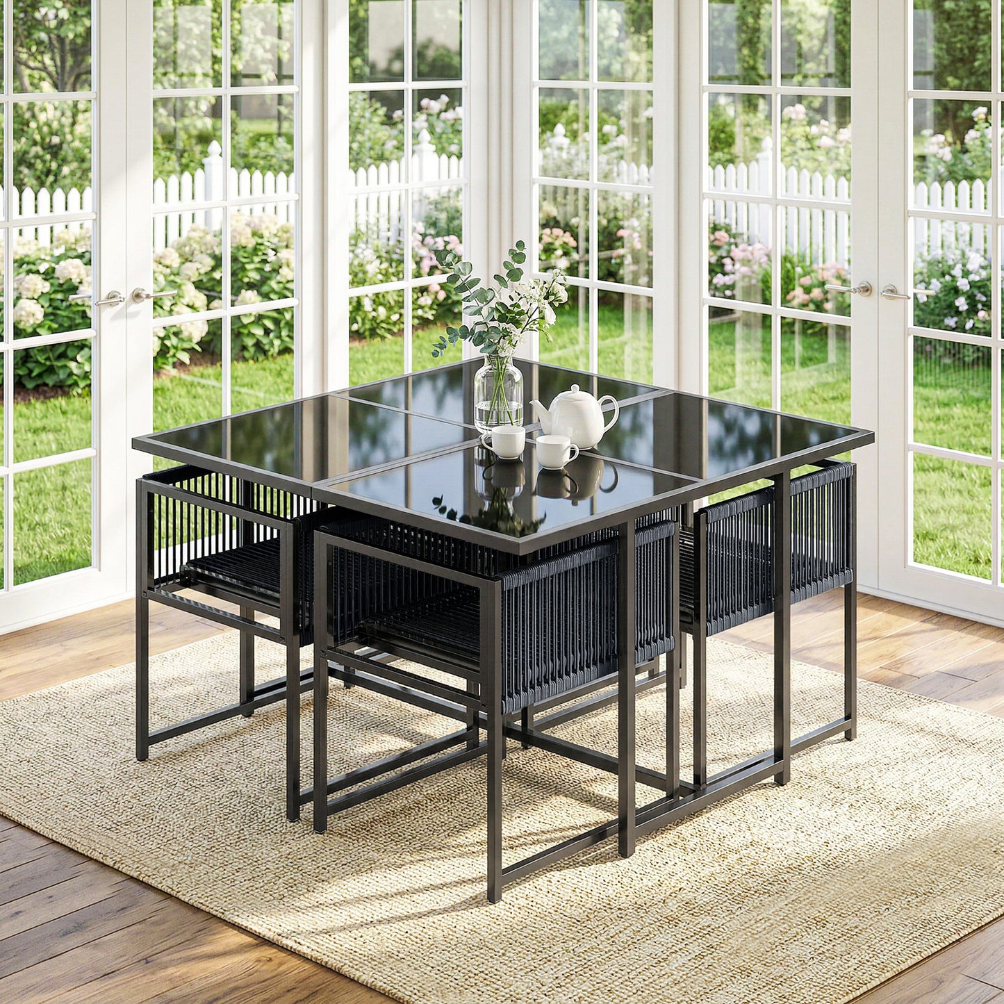 Outsunny 5 Pieces Garden Dining Set, Outdoor Patio Cube Set, 4 Seater Outdoor Table and Chairs with Foldable Backrest, Dark Grey