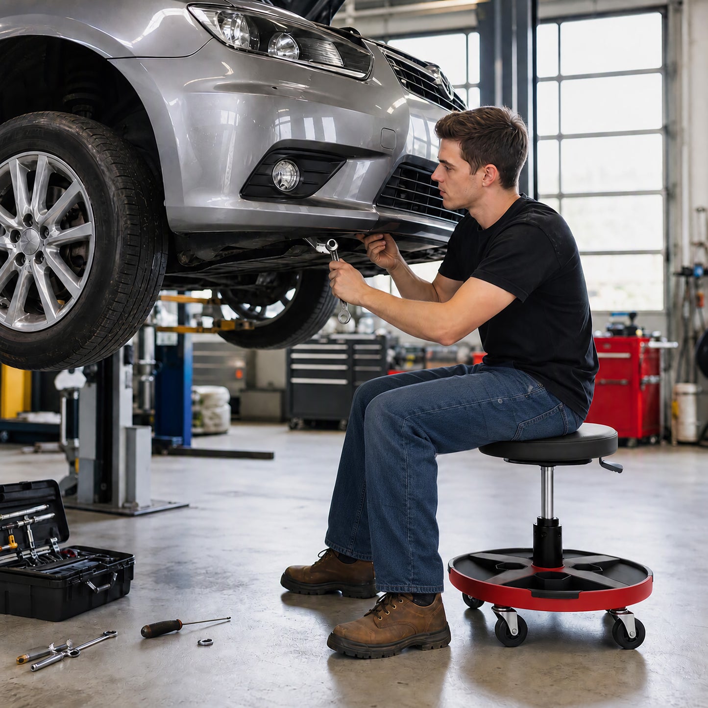 HOMCOM Rolling Mechanic Stool, 40-52 cm Height Adjustable Workshop Stool, 135kg 360° Swivel Roller Padded Creeper Seat, Black
