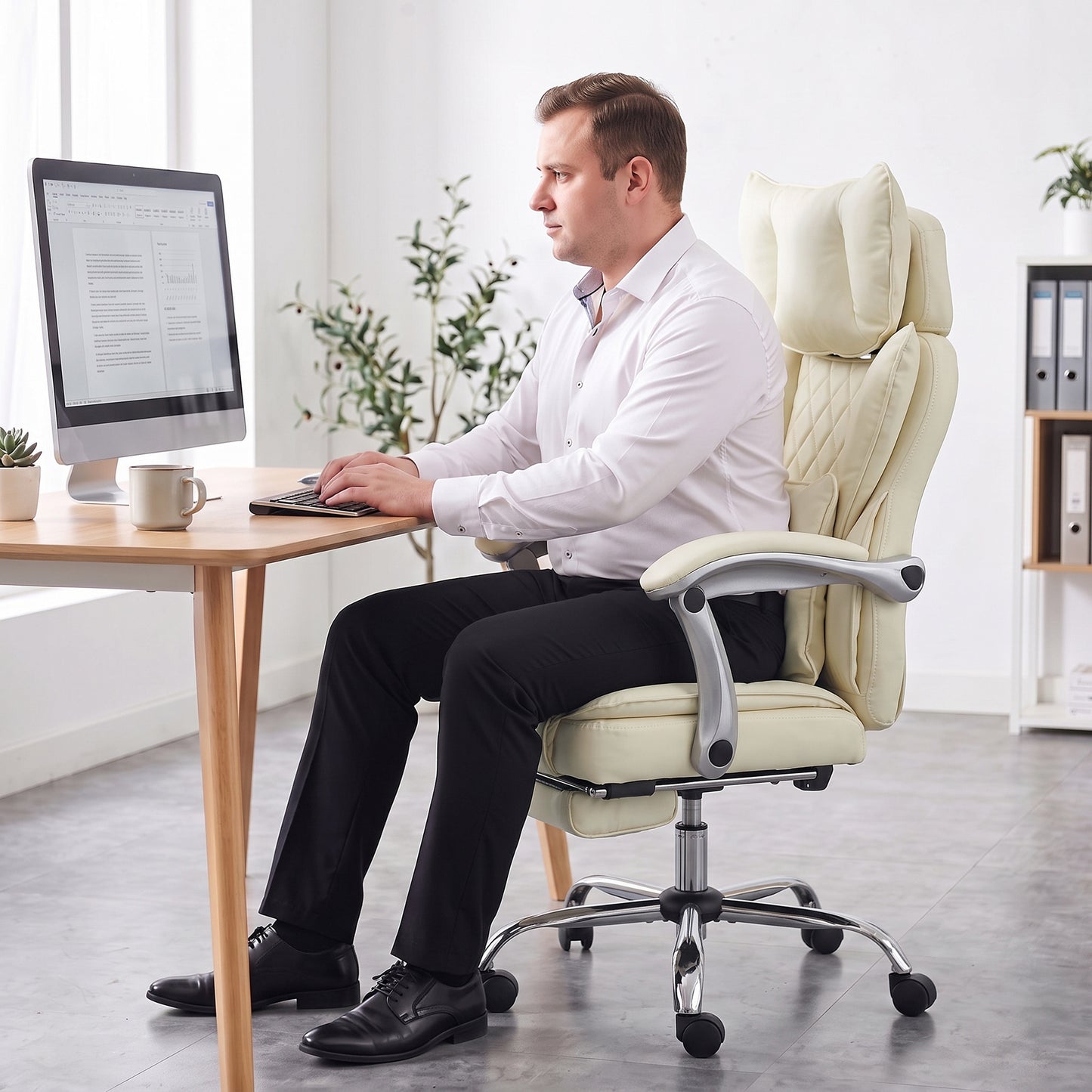 HOMCOM Executive Office Chair, PU Big and Tall Office Chair 180 kg with Wide Seat, Reclining, Lumbar Support, Beige
