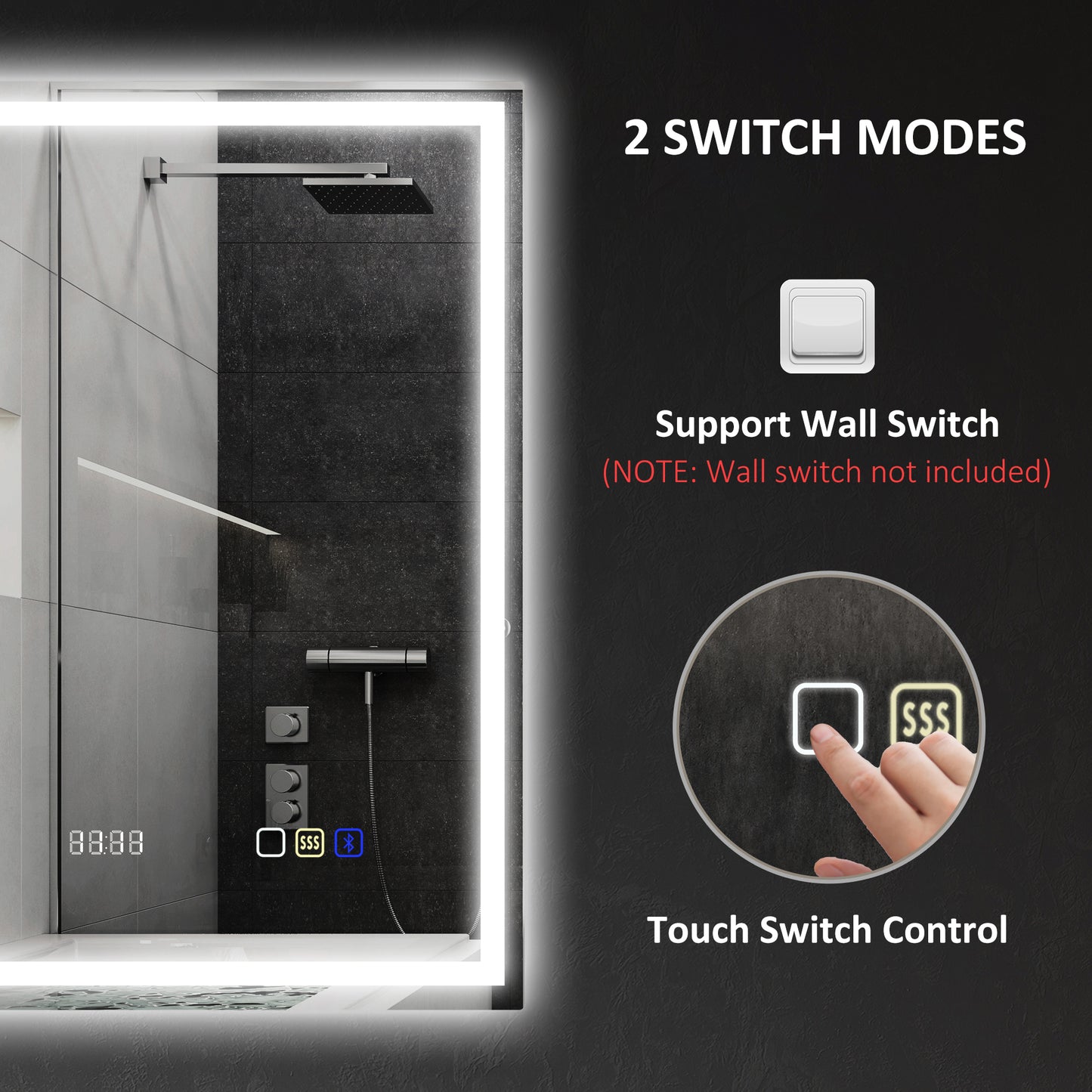 HOMCOM 50 x 70 cm Bluetooth LED Bathroom Mirror with Clock Demister Pad - Silver Tone