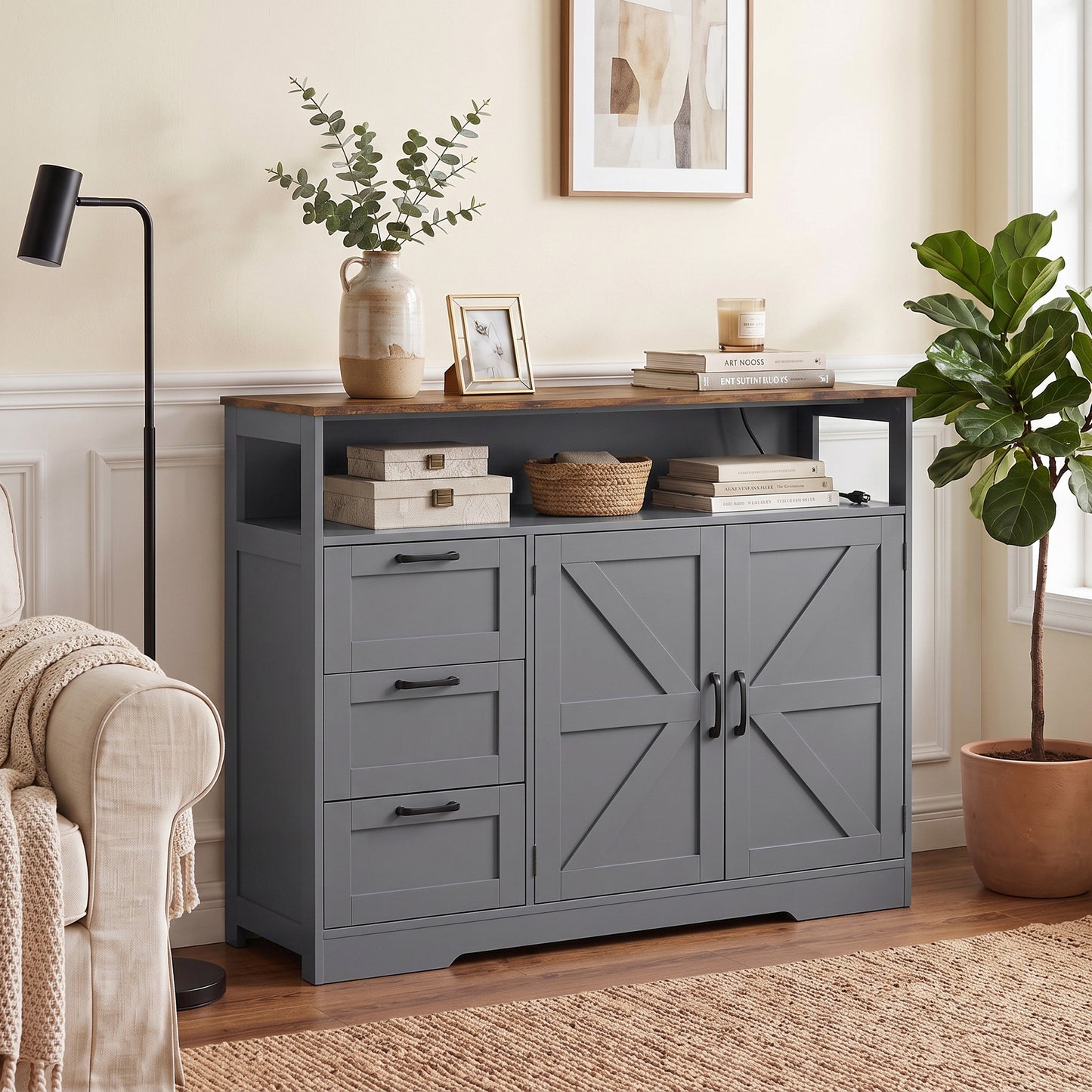 HOMCOM Sideboard Cabinet with Power Outlet, Farmhouse Kitchen Cabinet with 3 Drawers and Open Shelf, Grey