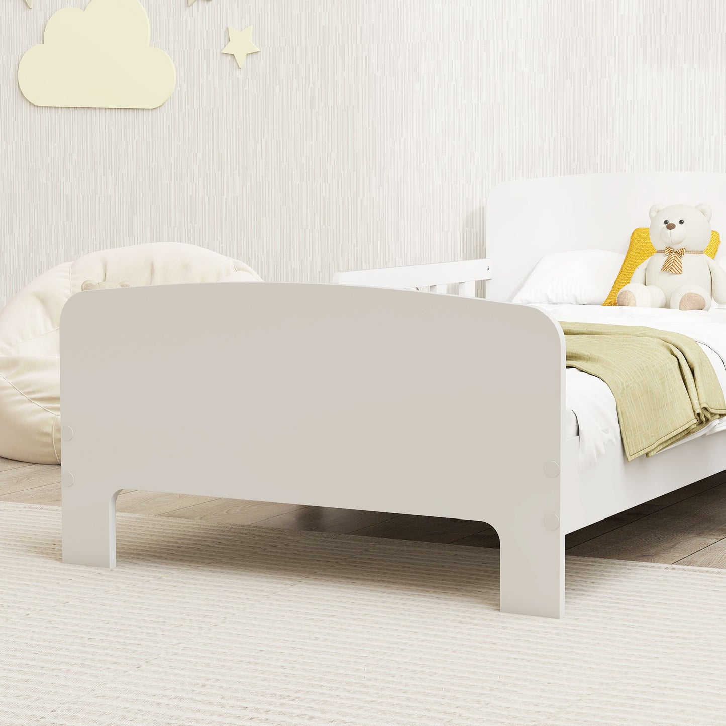 AIYAPLAY Toddler Bed, Kids Bed Frame with Safety Side Rails, Kids Bedroom Furniture for Ages 3-8 Years, White